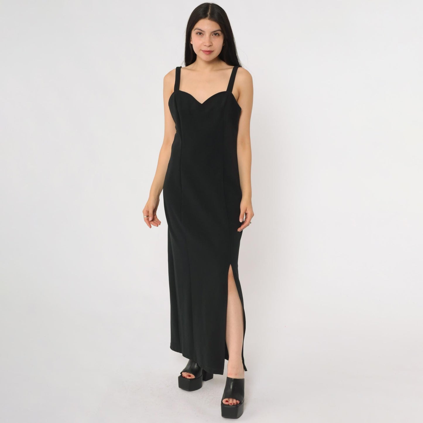 90s Black Velvet Maxi Gown Sweetheart Neckline Side Slit Medium M