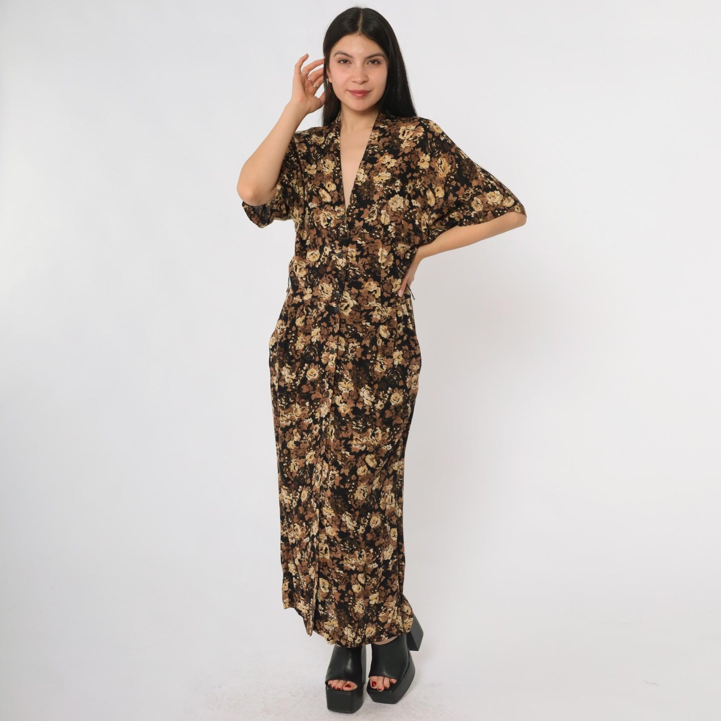 90s Rabbit Designs Floral Maxi Dress Black Rose Print Button Front Medium