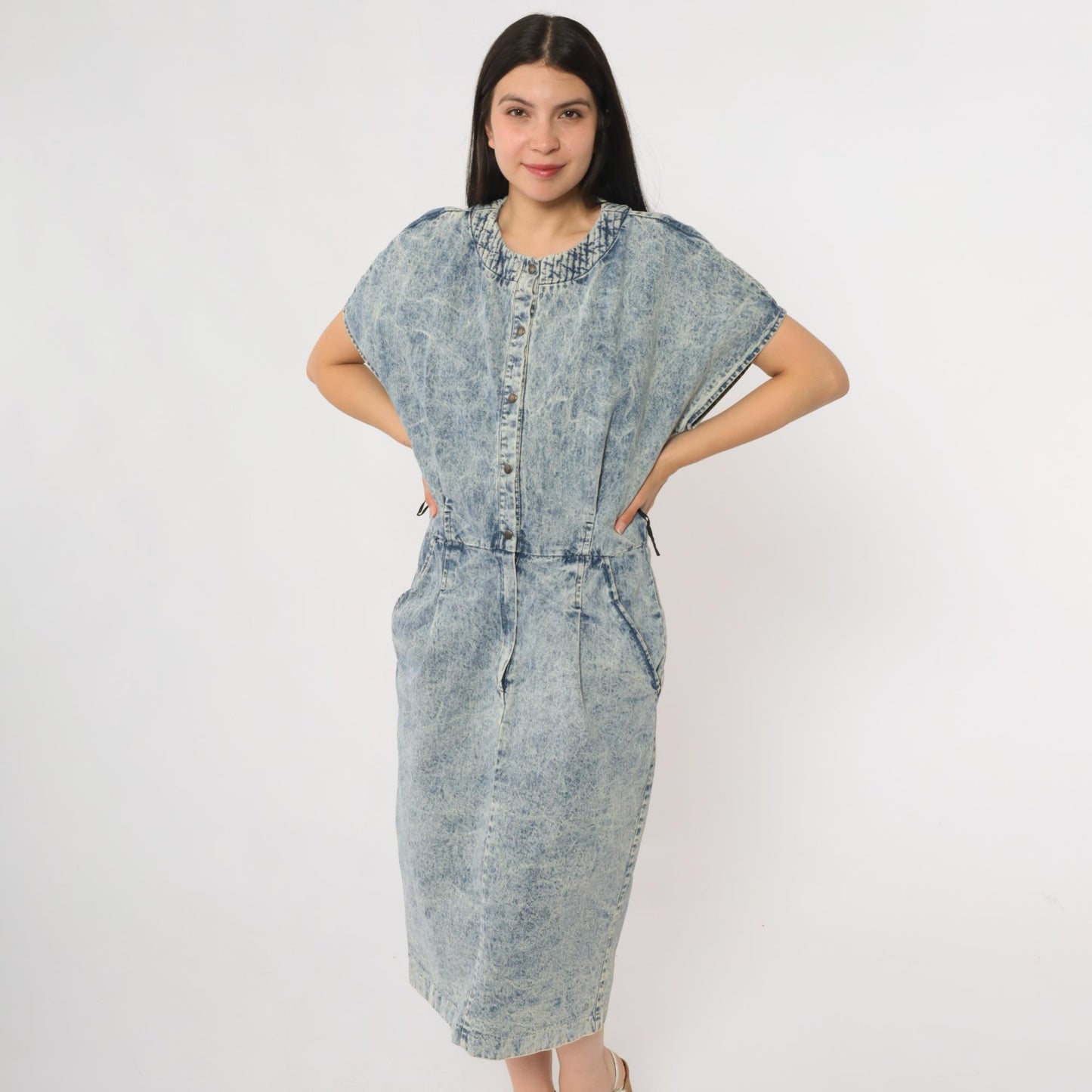 90s Acid Wash Denim Midi Dress Button Front Utility Pockets Cotton Large L
