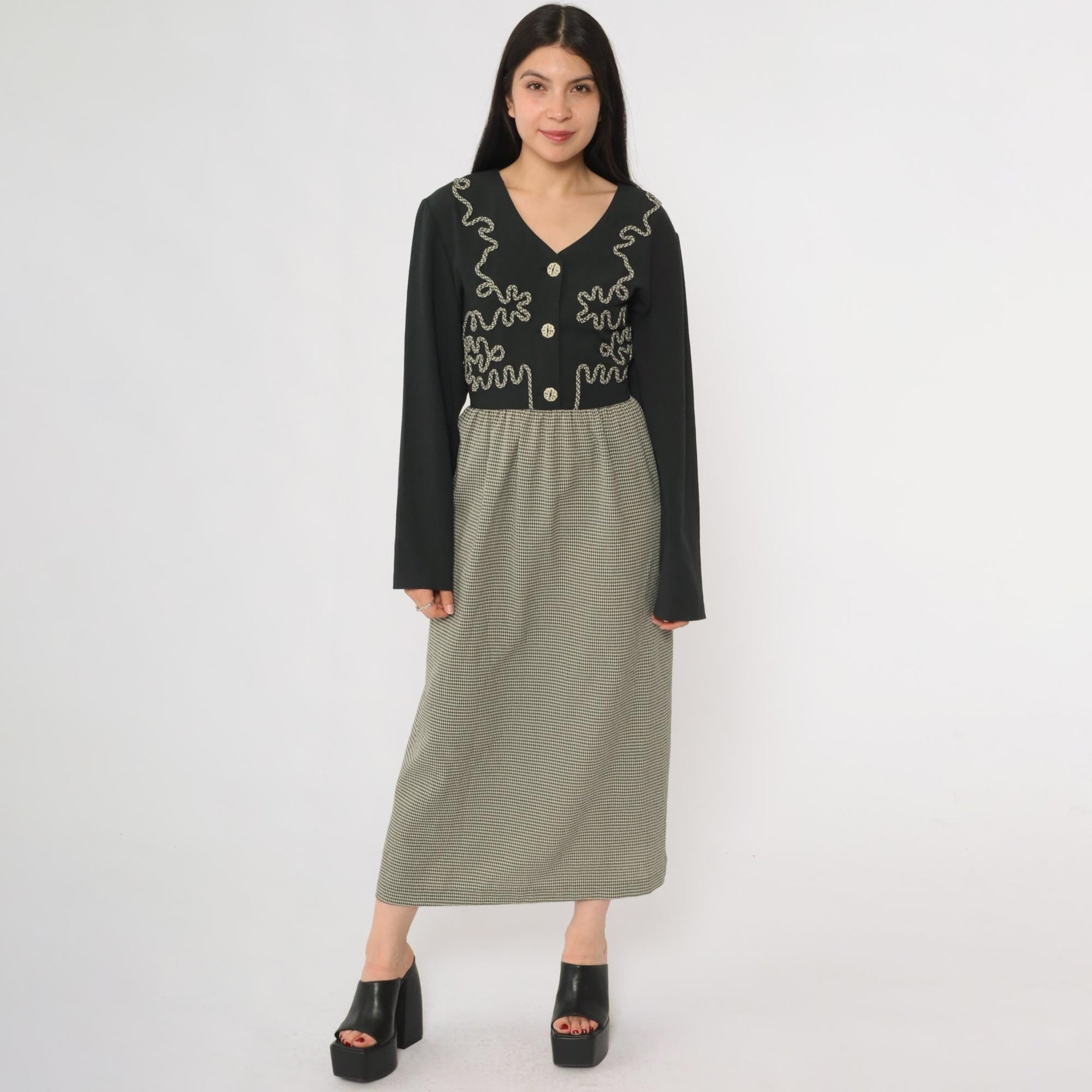 90s Kim Rogers Black Gingham Maxi Dress Embroidered Button Down Long Sleeve Large L