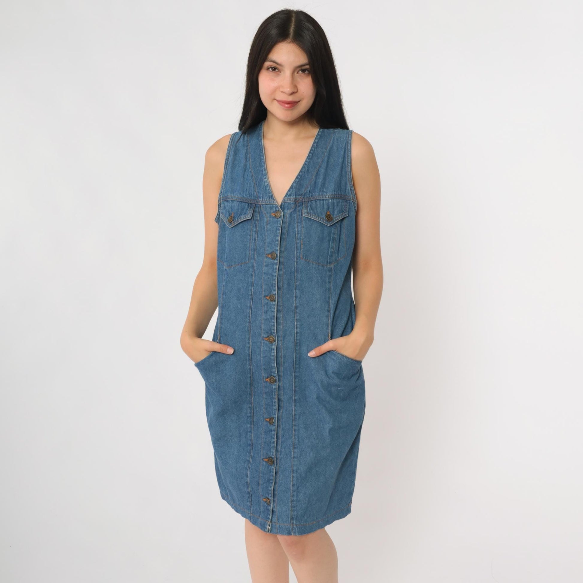 90s WilliWear Denim Dress Button Front V Neck Mini Blue Cotton Medium