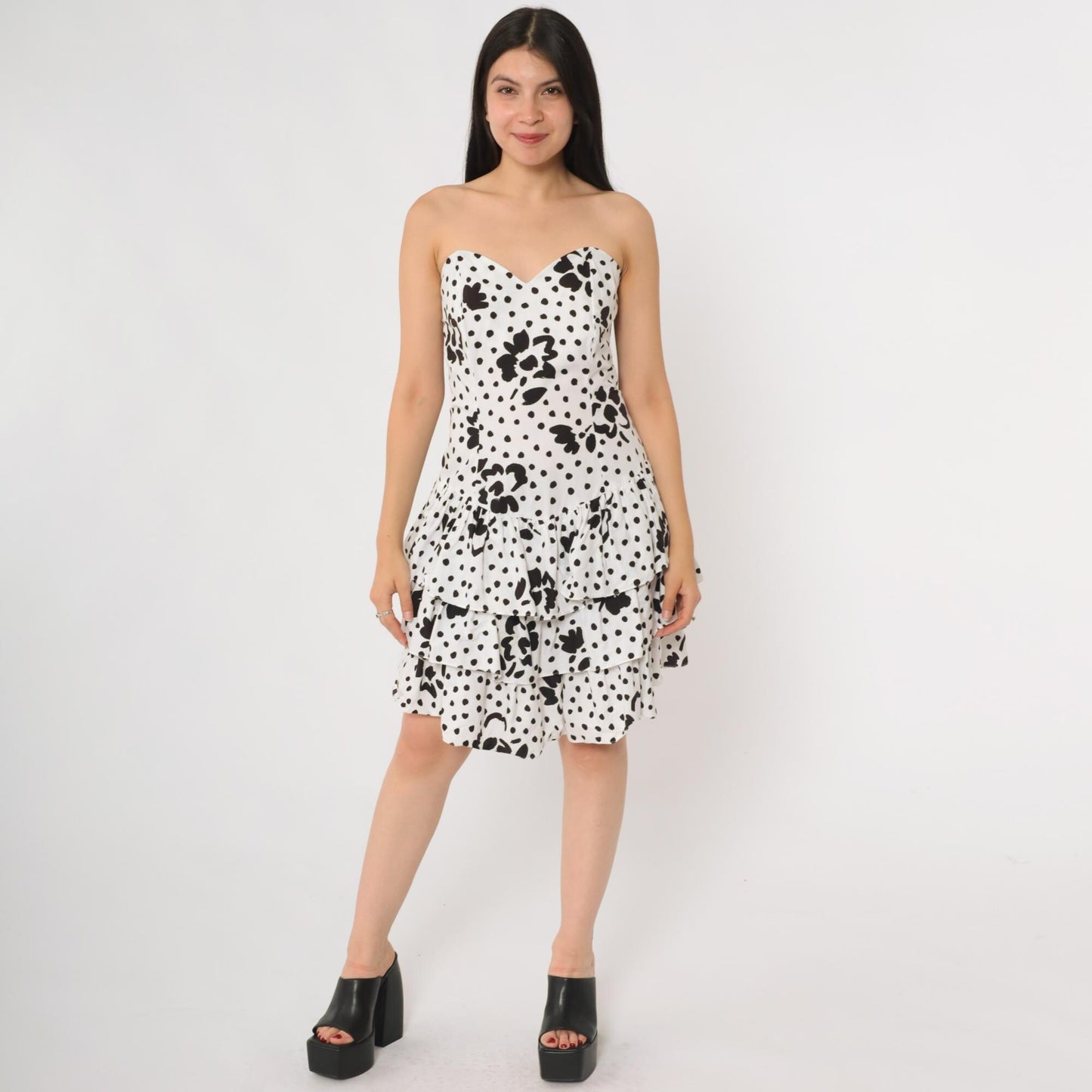 80s Rampage Strapless Mini Dress Black White Polka Dot Floral Sweetheart Small