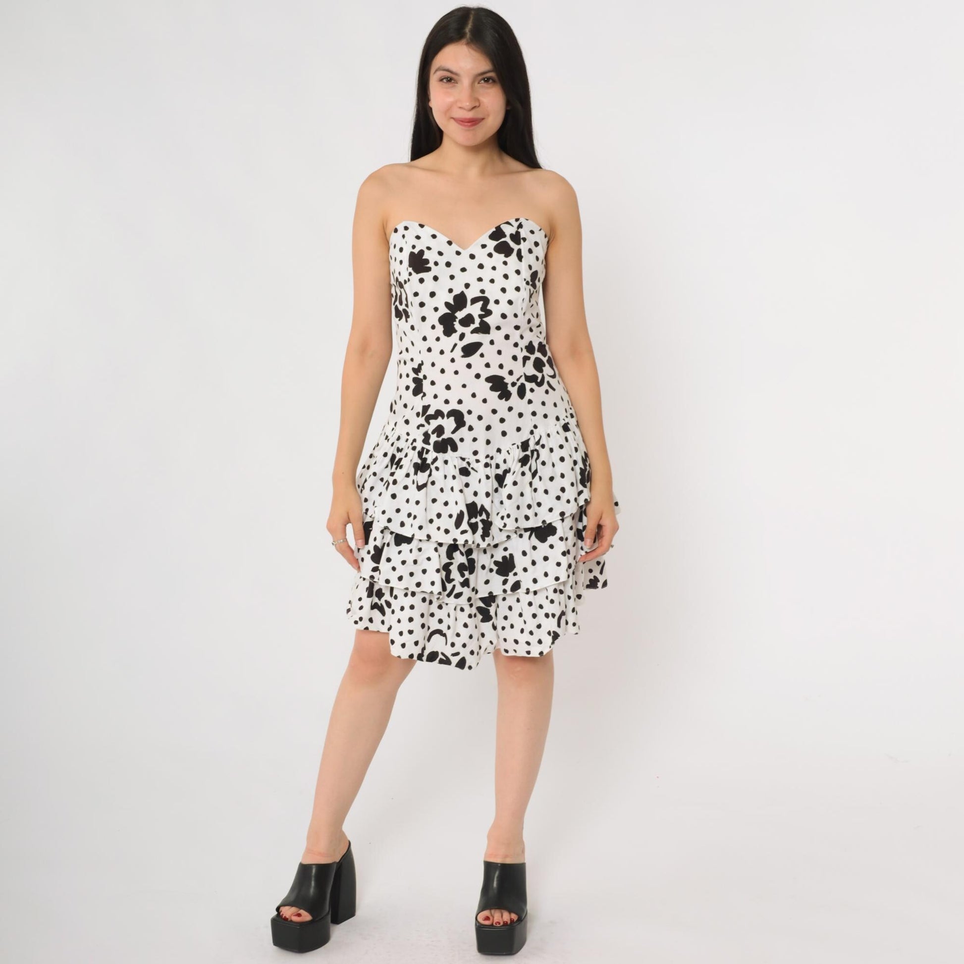 80s Rampage Strapless Mini Dress Black White Polka Dot Floral Sweetheart Small