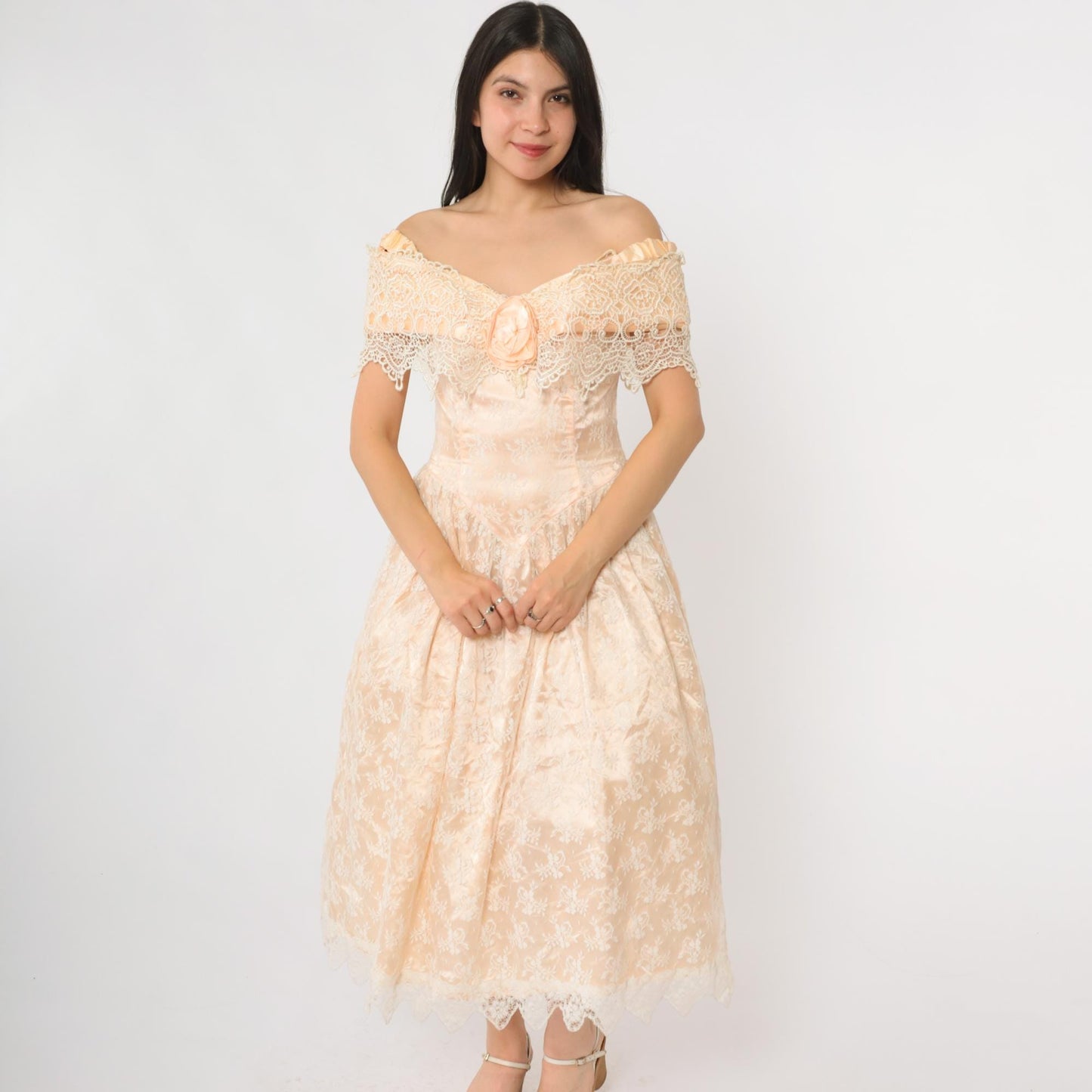 80s Scott McClintock Peach Lace Evening Gown Off-Shoulder Midi Small