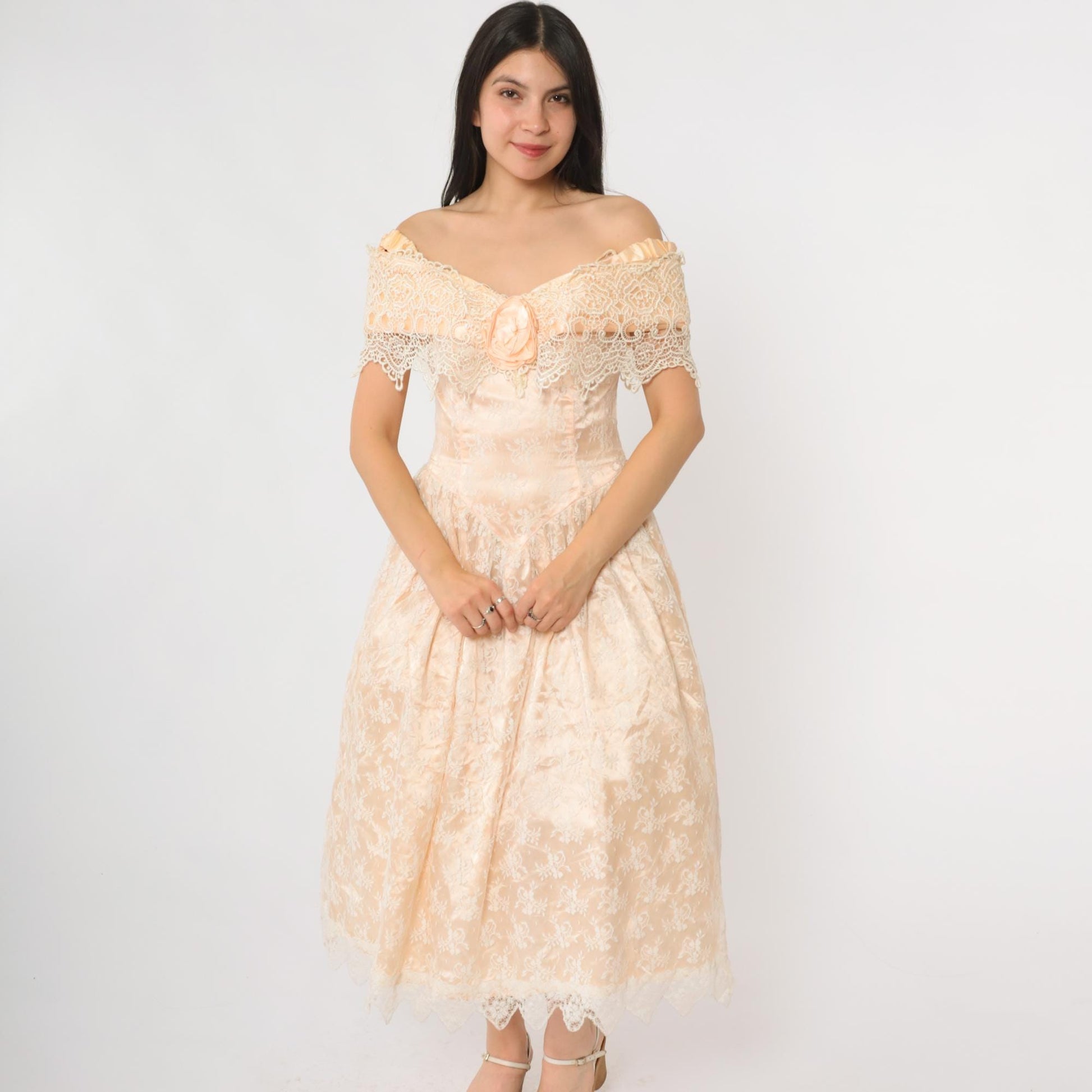 80s Scott McClintock Peach Lace Evening Gown Off-Shoulder Midi Small