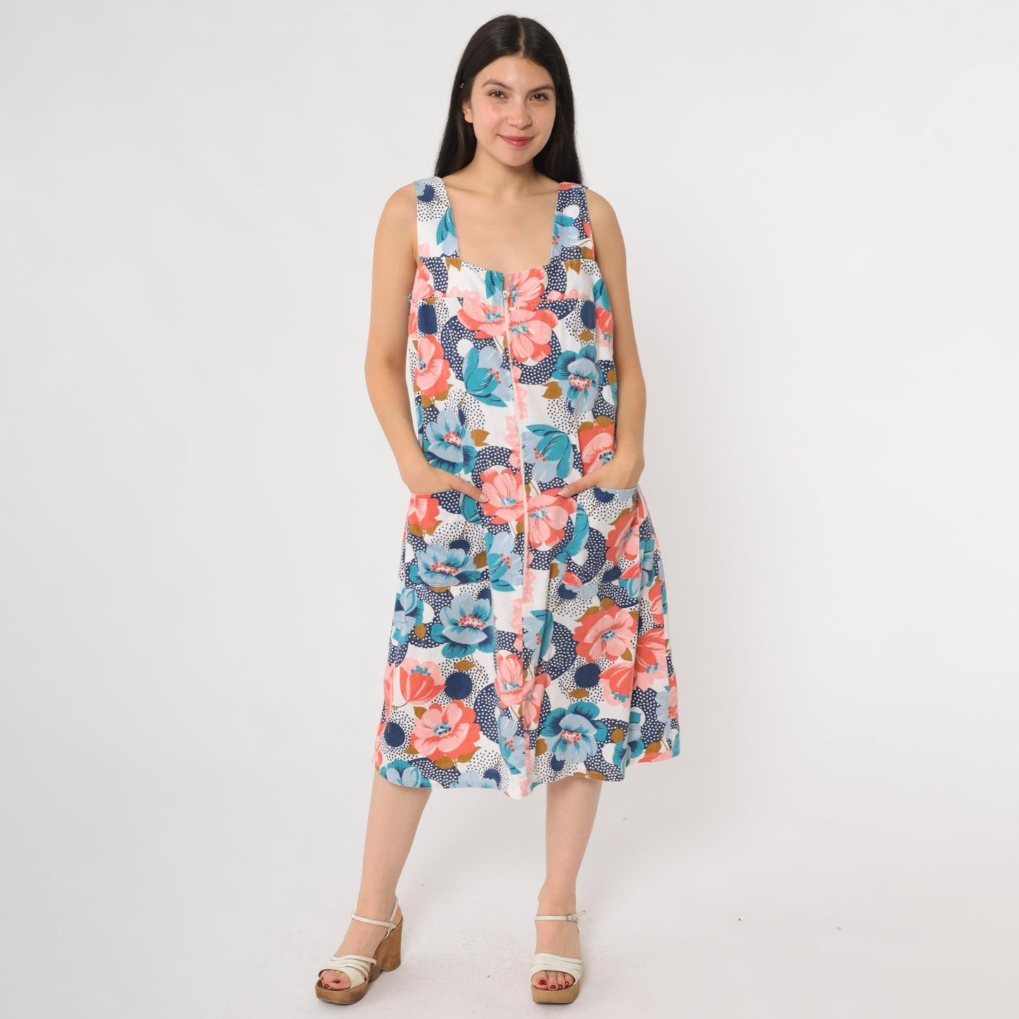 70s Floral Day Dress Sleeveless Scoop Neck Front Zip Midi Pink Blue Orange Green Medium