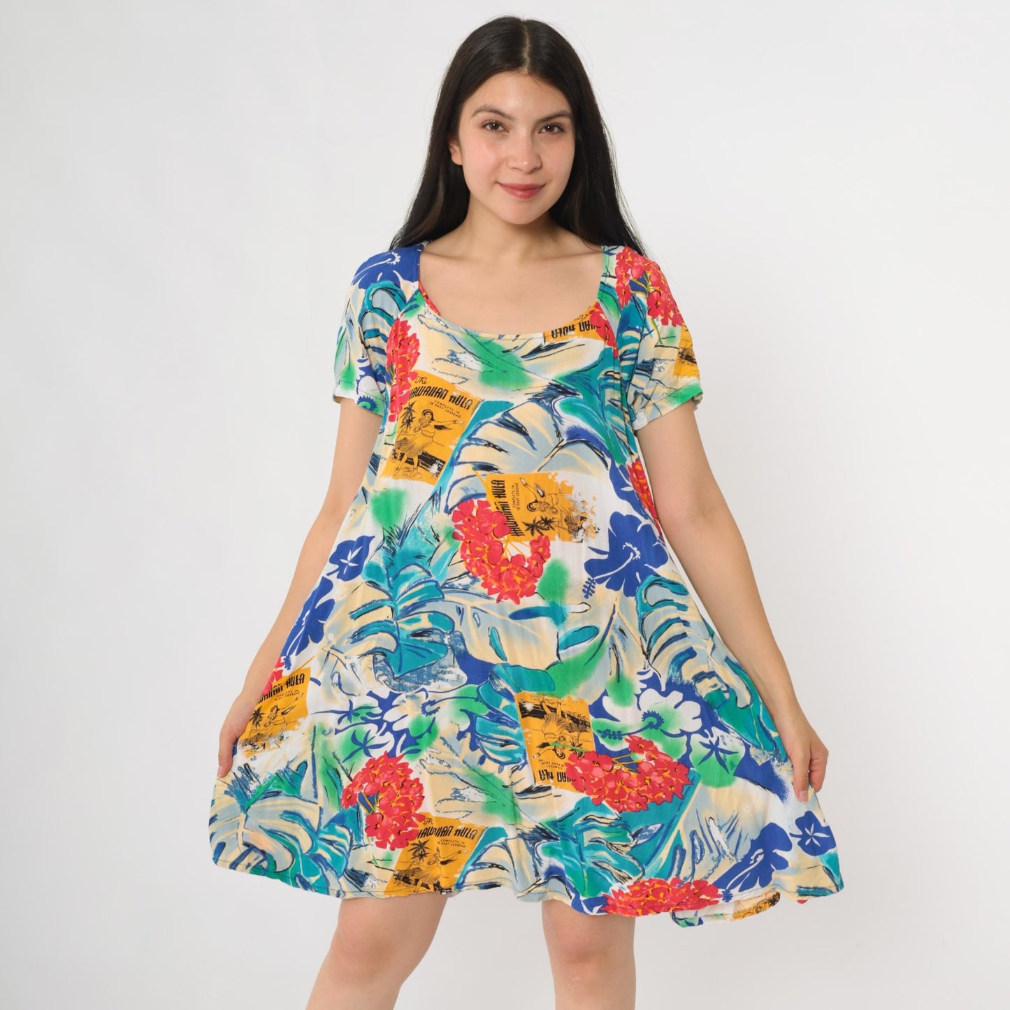 Y2K Jam's World Mini Dress Tropical Postcard Print Rayon Small S