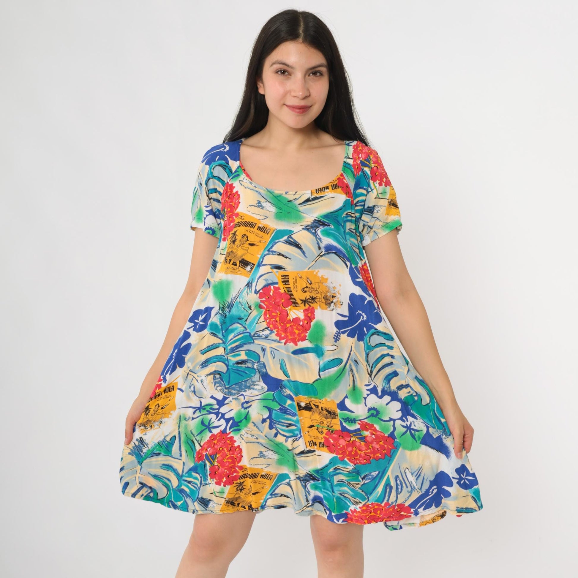 Y2K Jam's World Mini Dress Tropical Postcard Print Rayon Small S