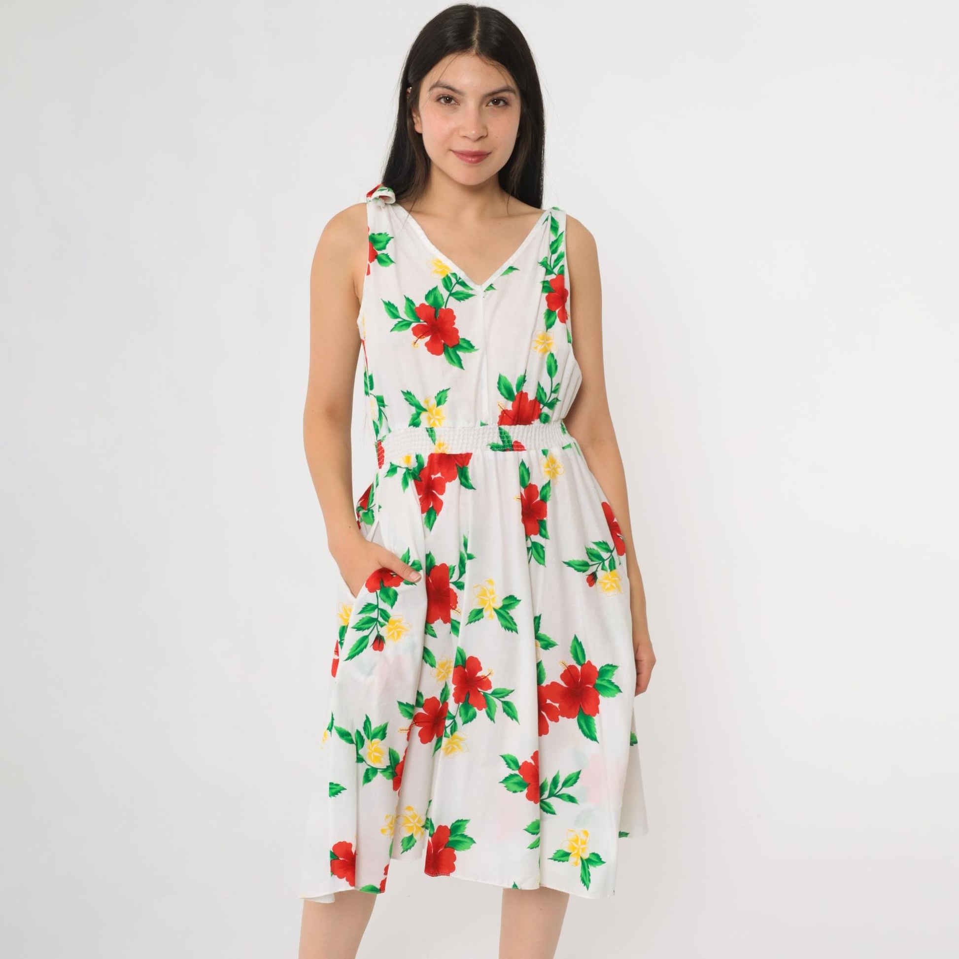 80s Royal Creations White Cotton Hibiscus Floral Midi Dress Tie Shoulder Small