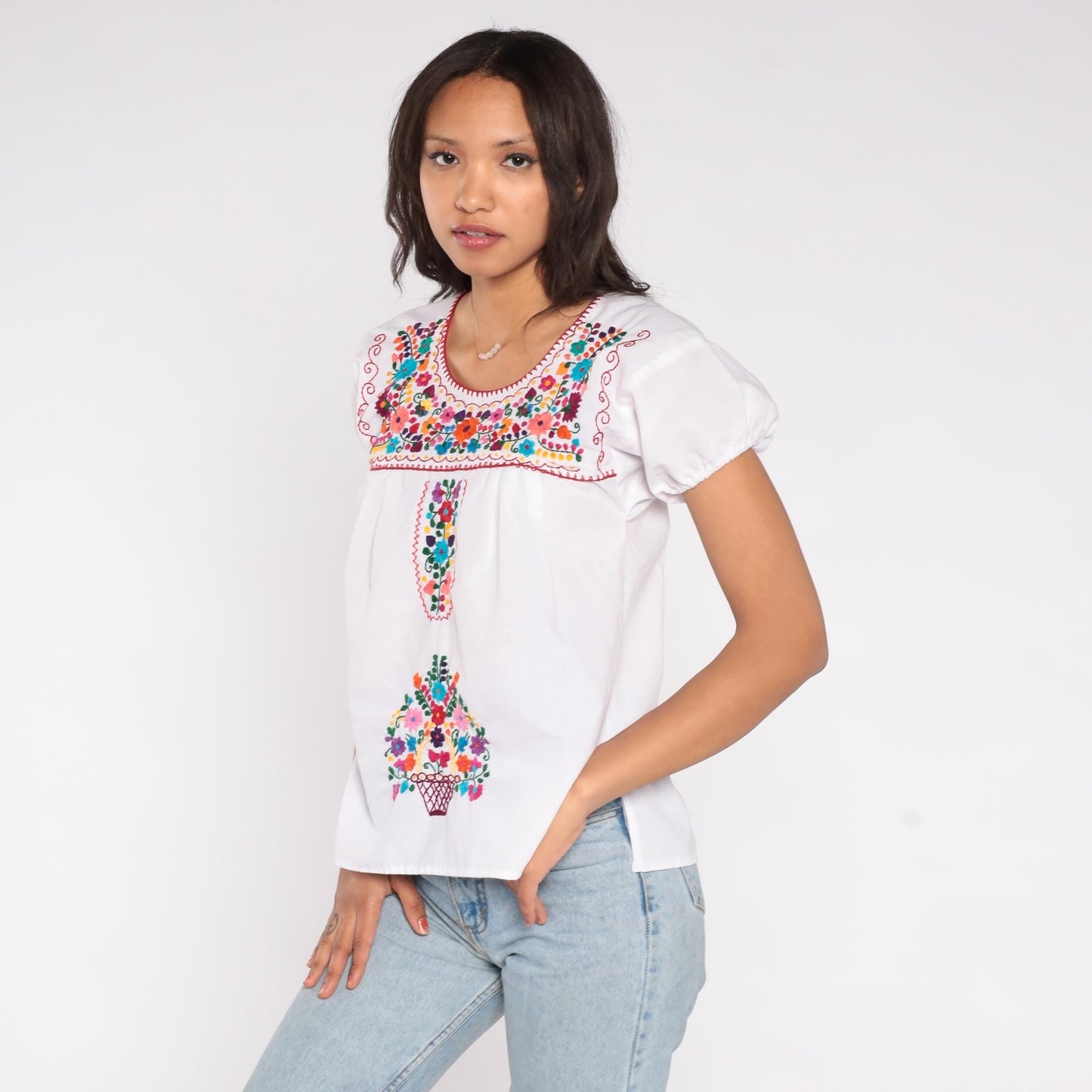 90s Mexican Embroidered White Cotton Blouse Floral Puff Sleeve Small