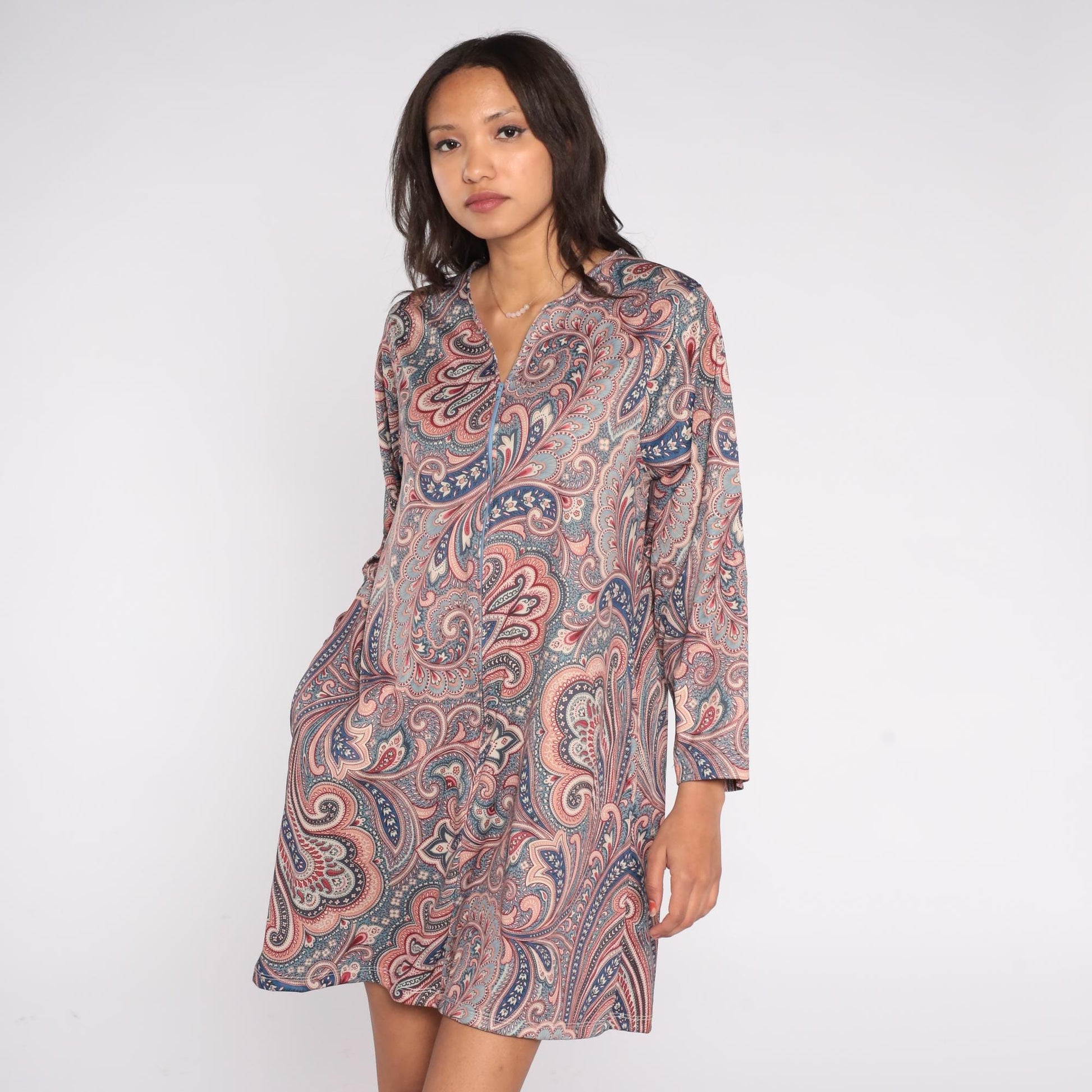 80s Paisley Mini Dress Blue Pink V-Neck Long Sleeve Zip Shift Large L