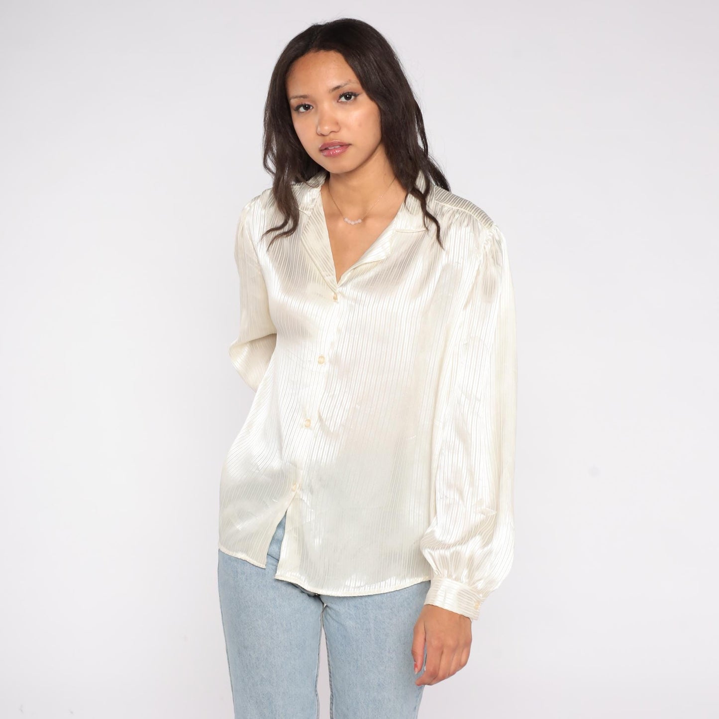 90s That's What! of California Satin Blouse Cream Striped Button Up V Neck Large