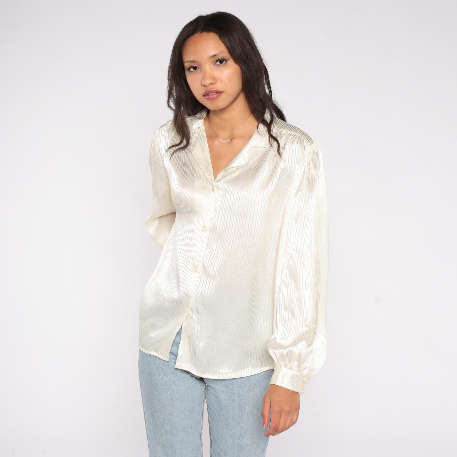 90s That's What! of California Satin Blouse Cream Striped Button Up V Neck Large
