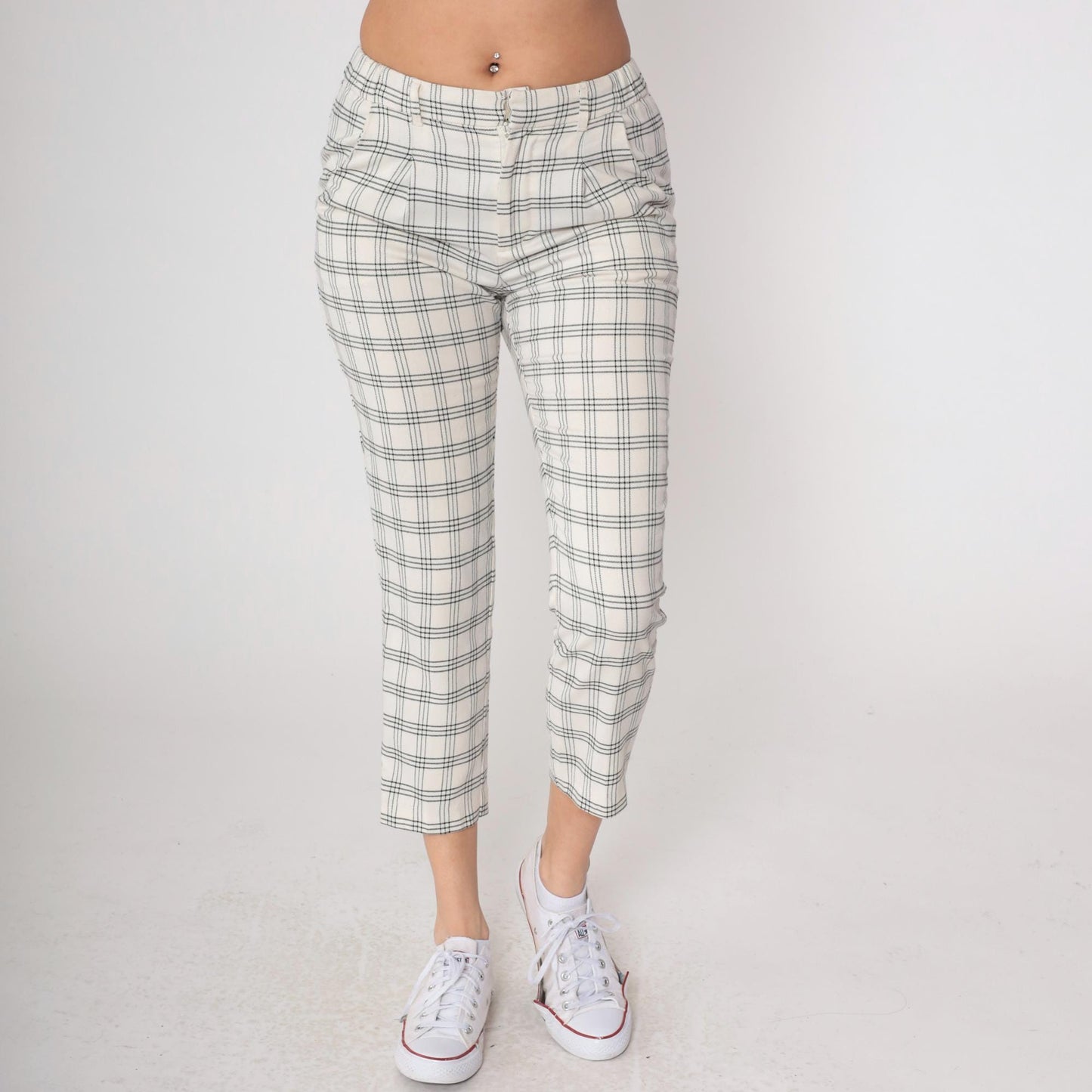 Y2K High Waist Grid Check Trousers Black White Plaid Ankle Crop Medium