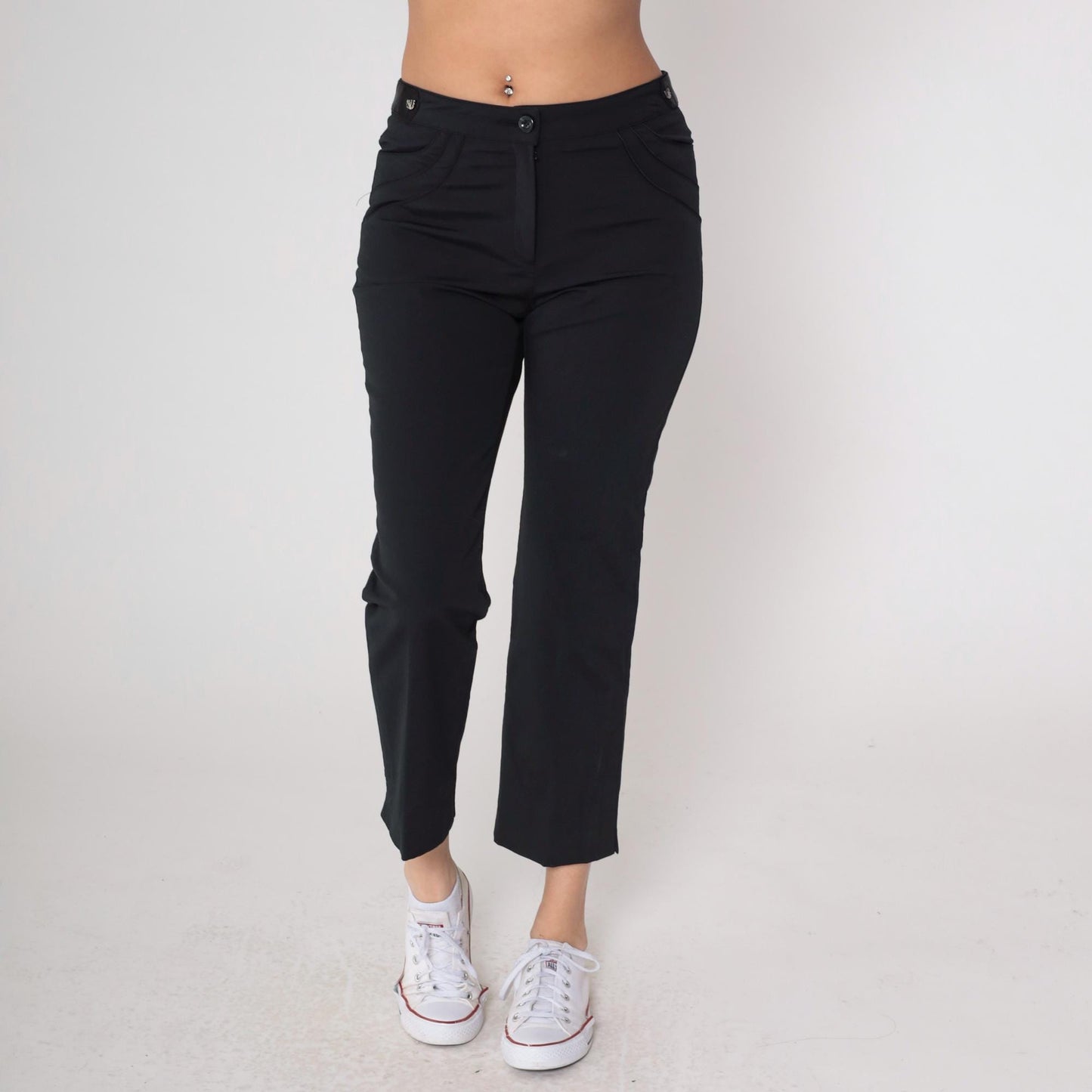 Y2K Black Cropped Trousers Reindeer Patch High Waist Straight Leg Medium M