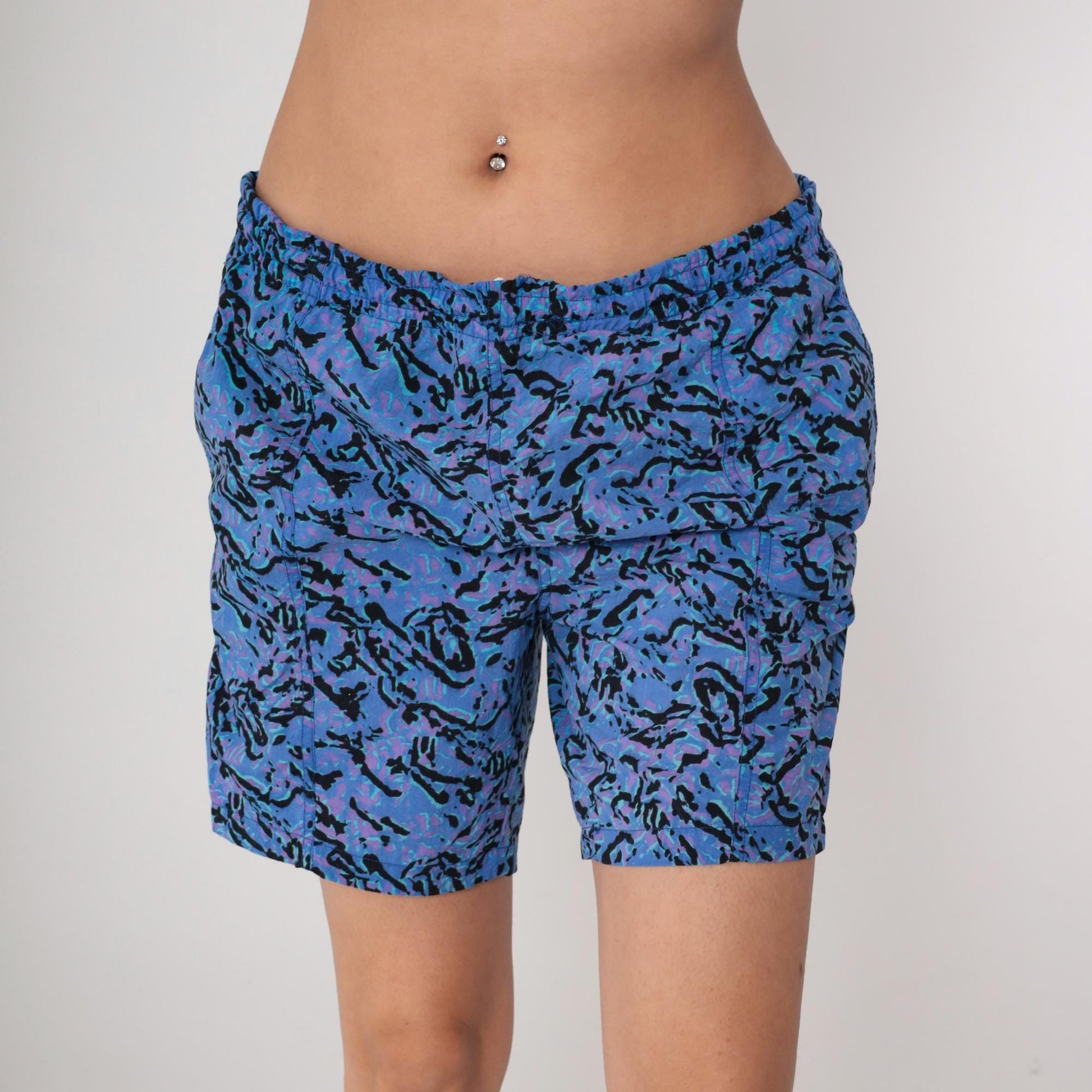 90s Athletic Works Abstract Swim Trunks Blue Purple Black Nylon Medium