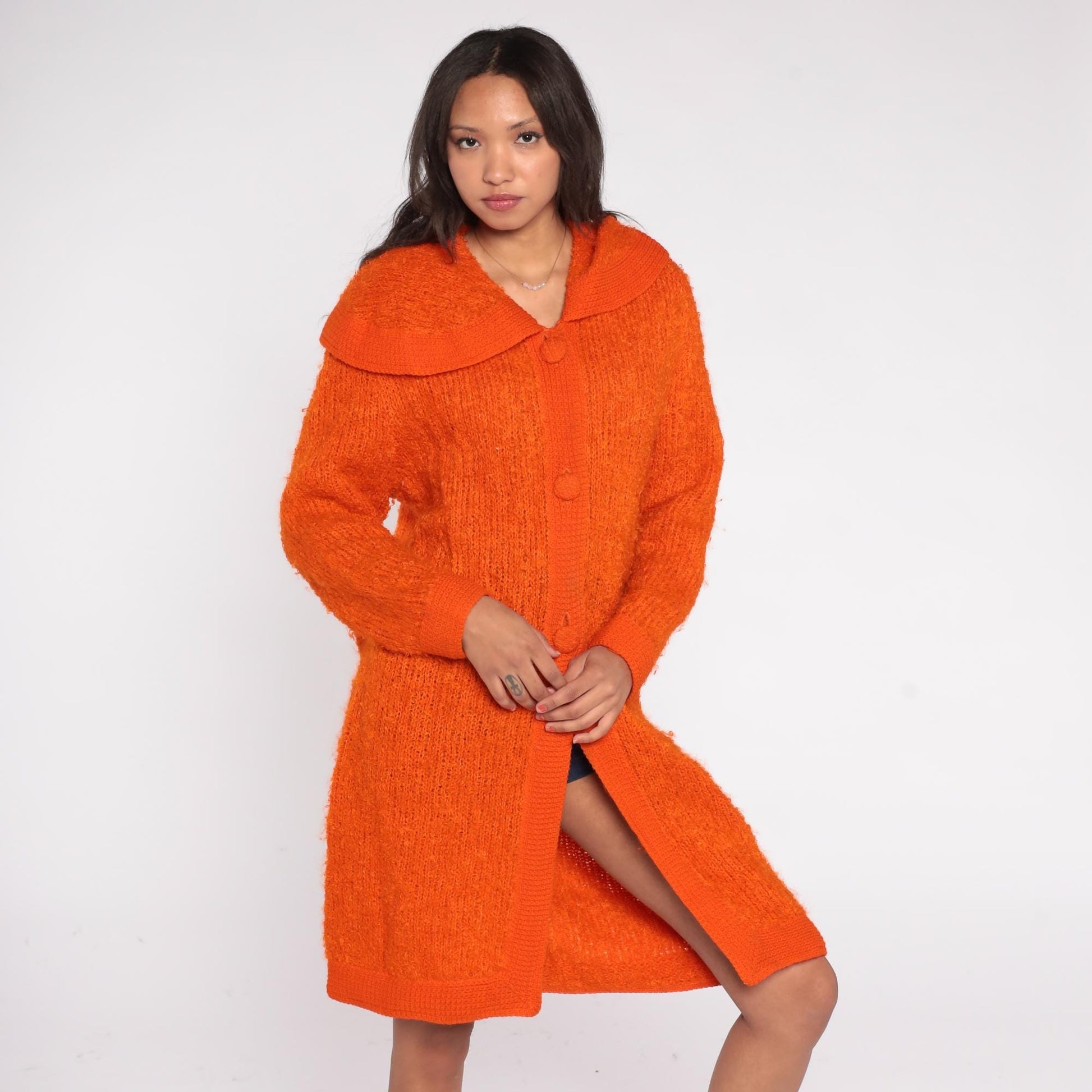 70s Mur Elen California Orange Boucle Cardigan Coat Maxi Length Small
