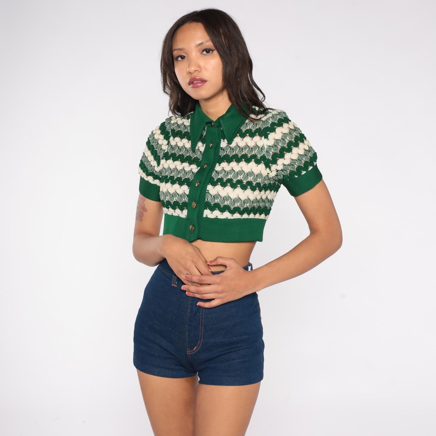 70s Emerald Green Chevron Knit Crop Cardigan Button Front Short Sleeve XS