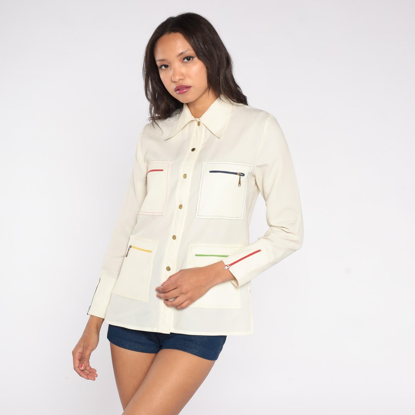 70s King James California Cream Shirt Colorful Zipper Pockets Medium