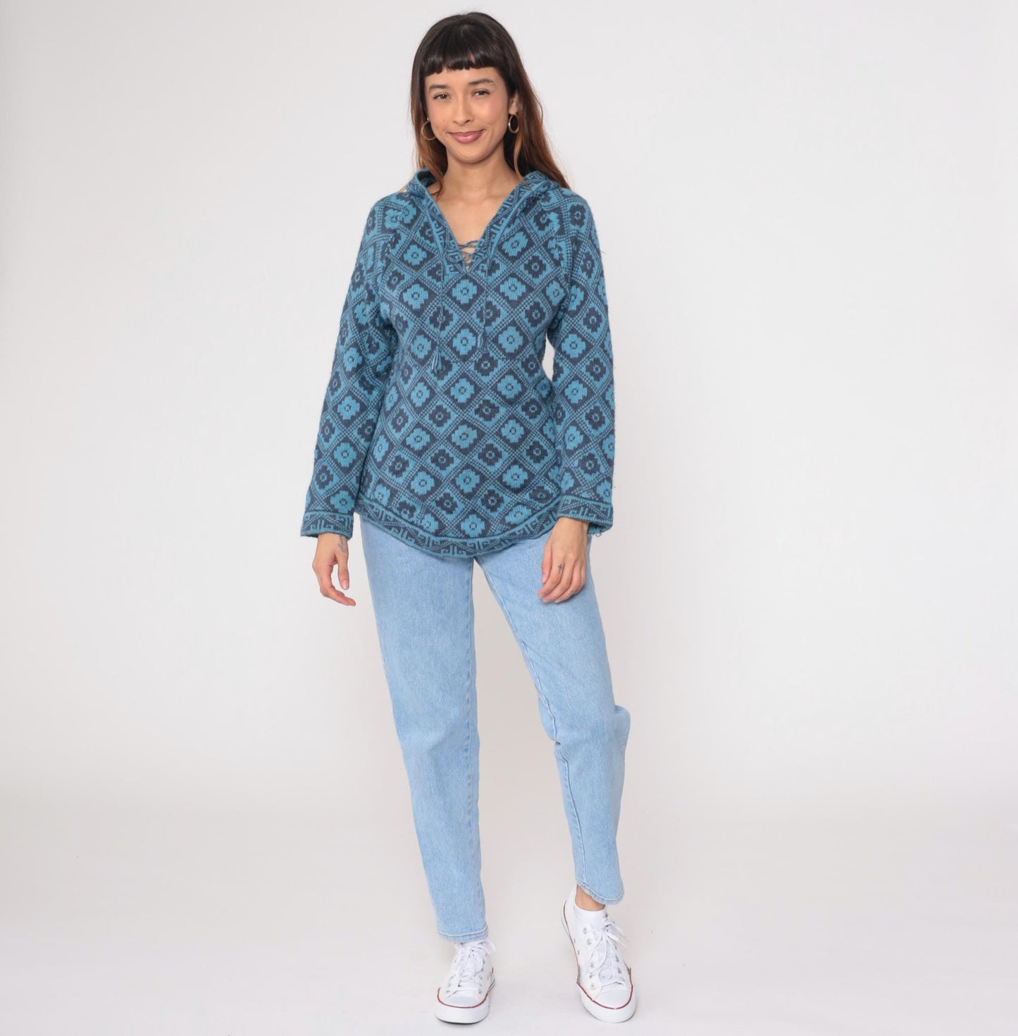 Y2K Slate Blue Geometric Southwest Hoodie Pullover Knit Medium M