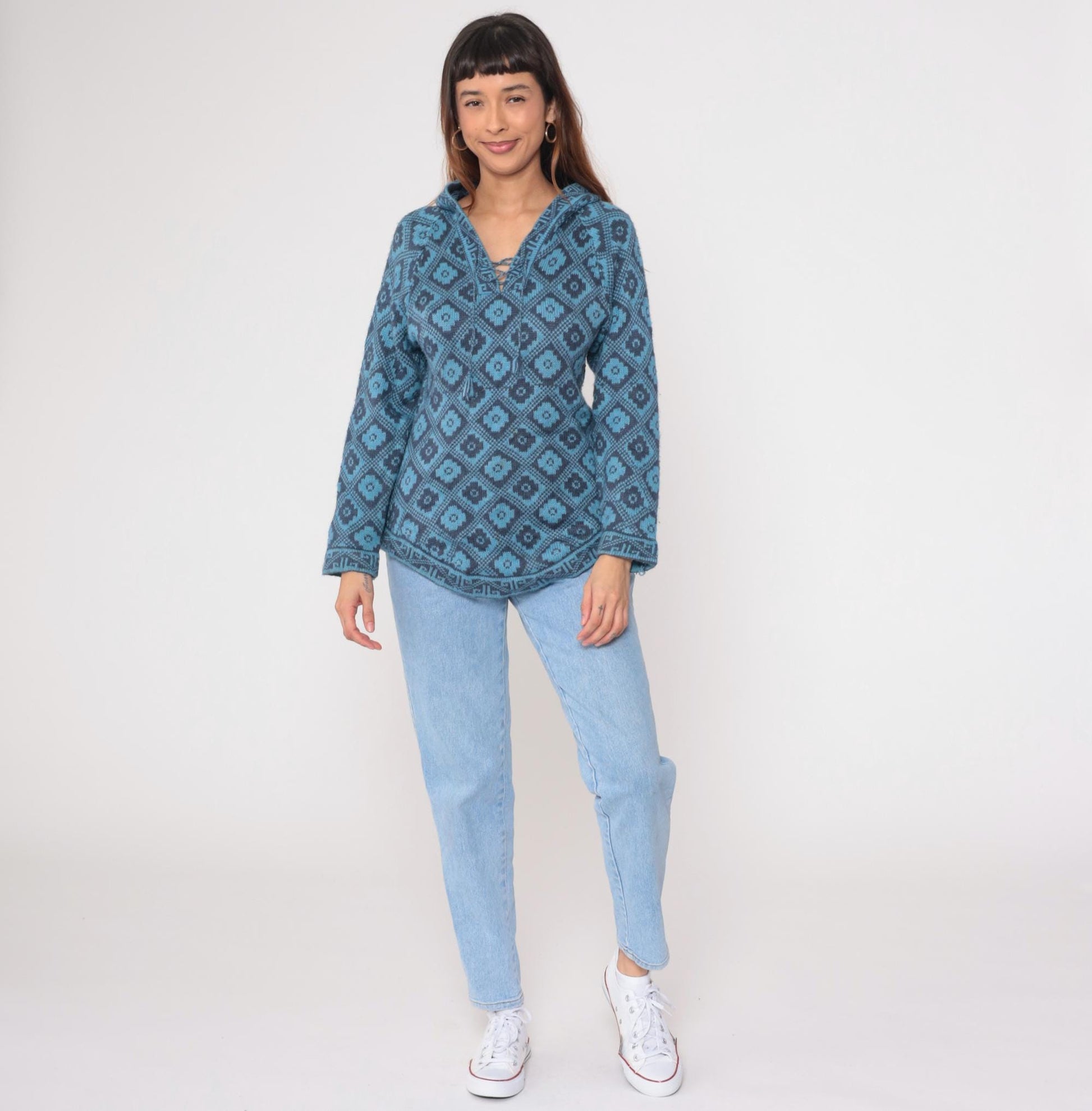 Y2K Slate Blue Geometric Southwest Hoodie Pullover Knit Medium M