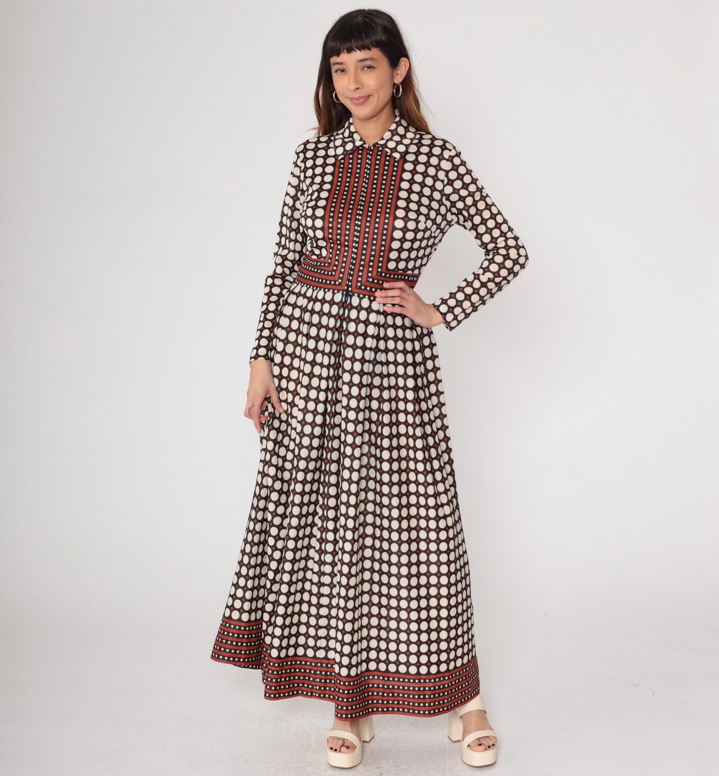 70s Black White Polka Dot Maxi Dress Long Sleeve Button Front Medium M