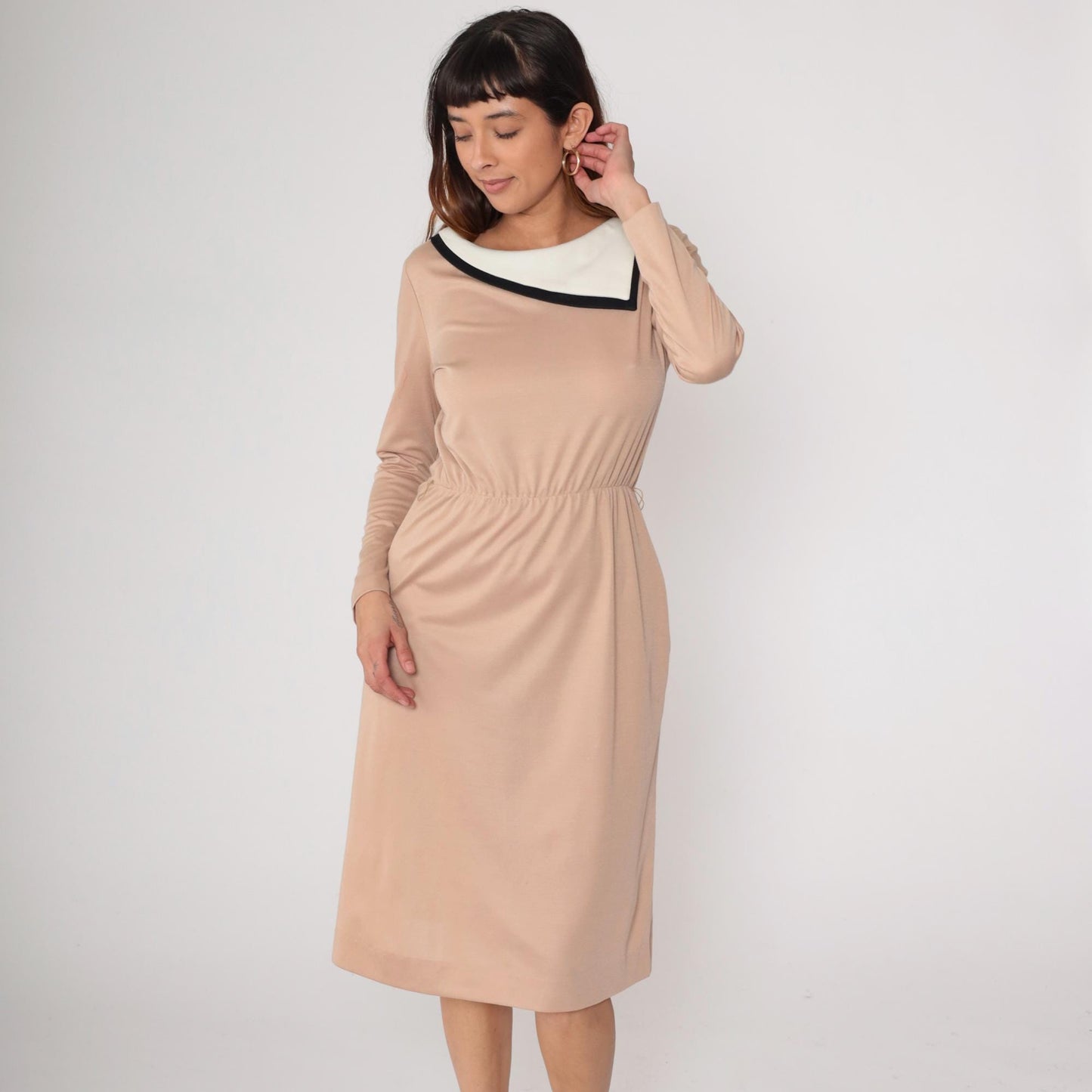 80s Color Block Midi Dress Tan Black White Geometric Long Sleeve Medium