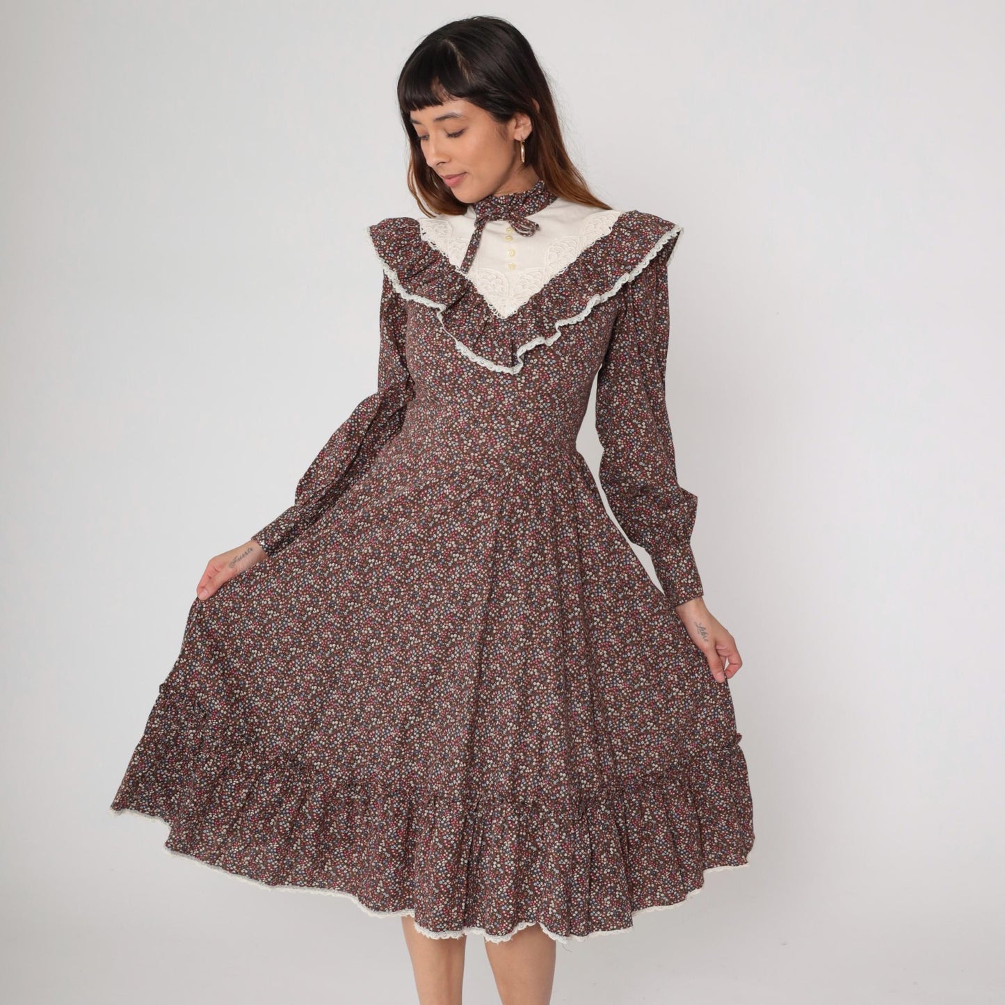 70s Gunne Sax Prairie Dress Brown Floral Cotton Midi Long Sleeve Small