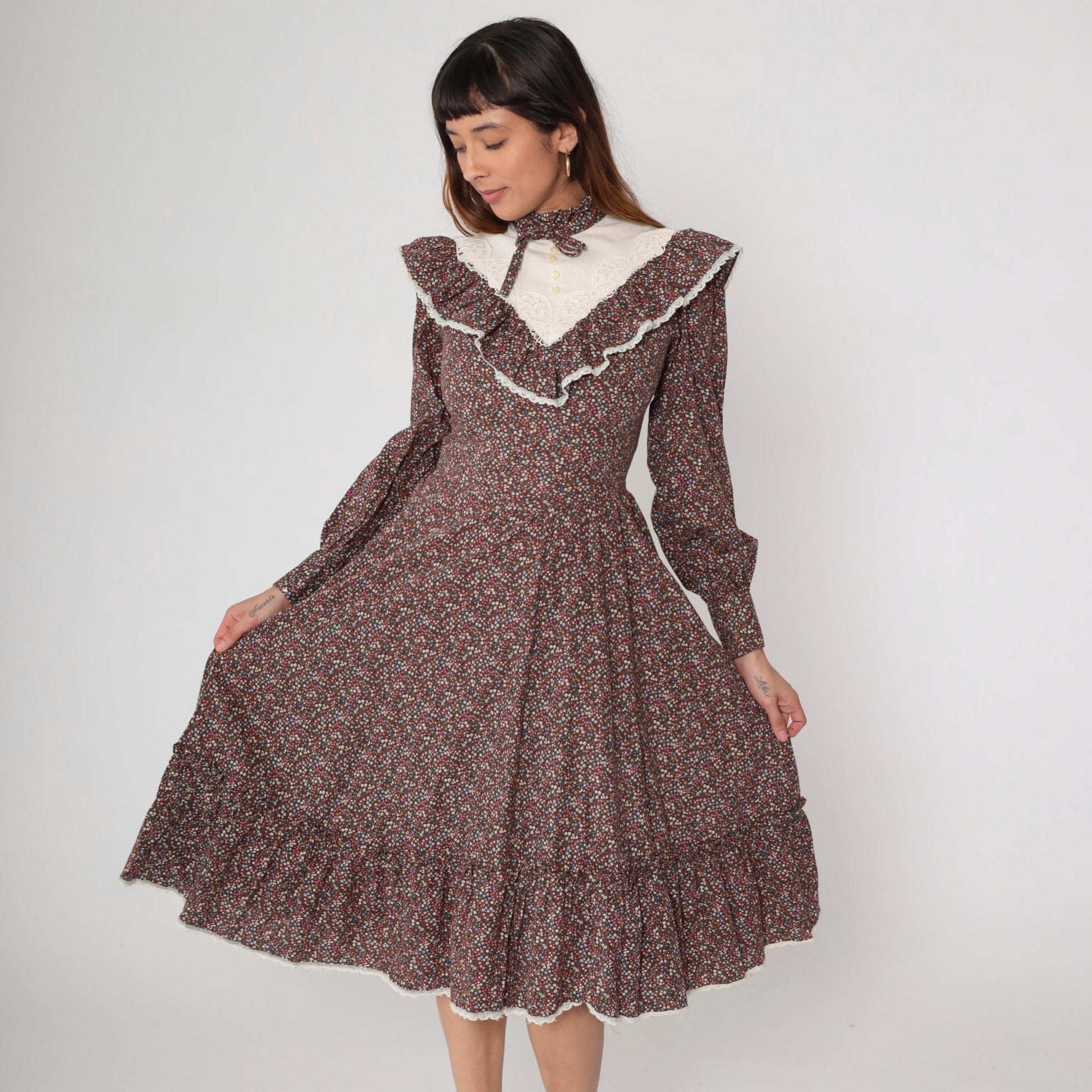 70s Gunne Sax Prairie Dress Brown Floral Cotton Midi Long Sleeve Small