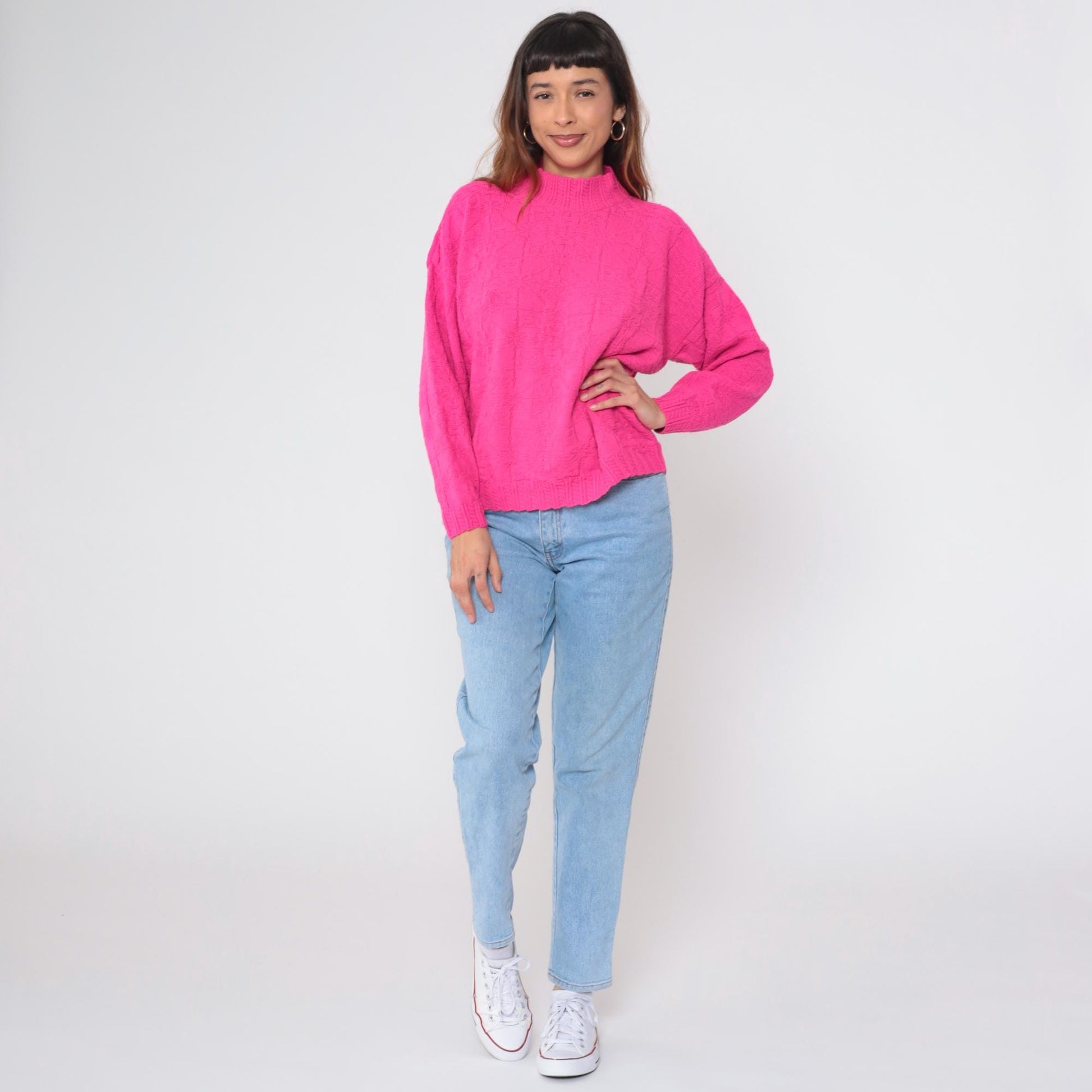 90s Hot Pink Mock Neck Sweater Textured Geometric Knit Medium M