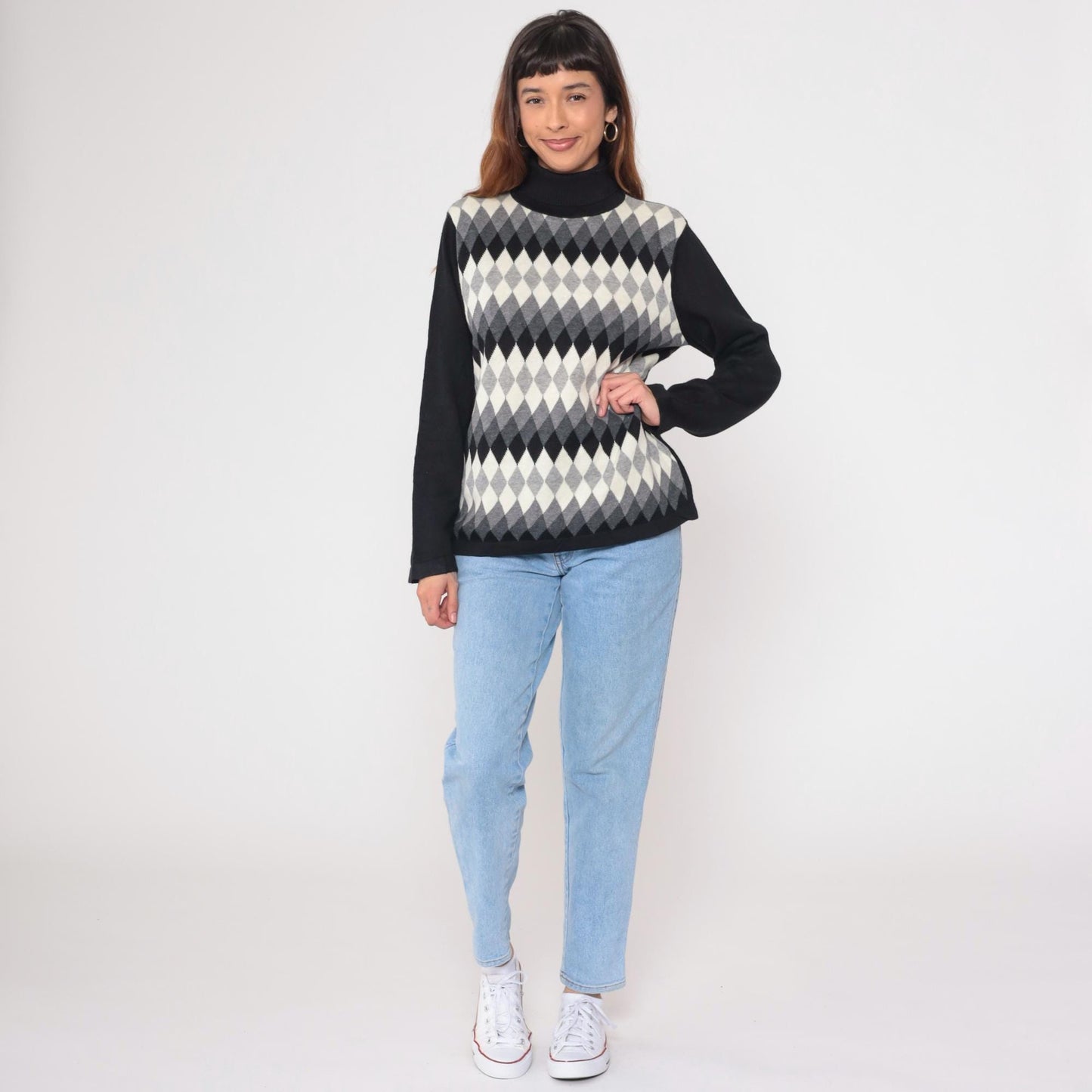 Y2K Argyle Turtleneck Sweater Black White Grey Diamond Knit Large L