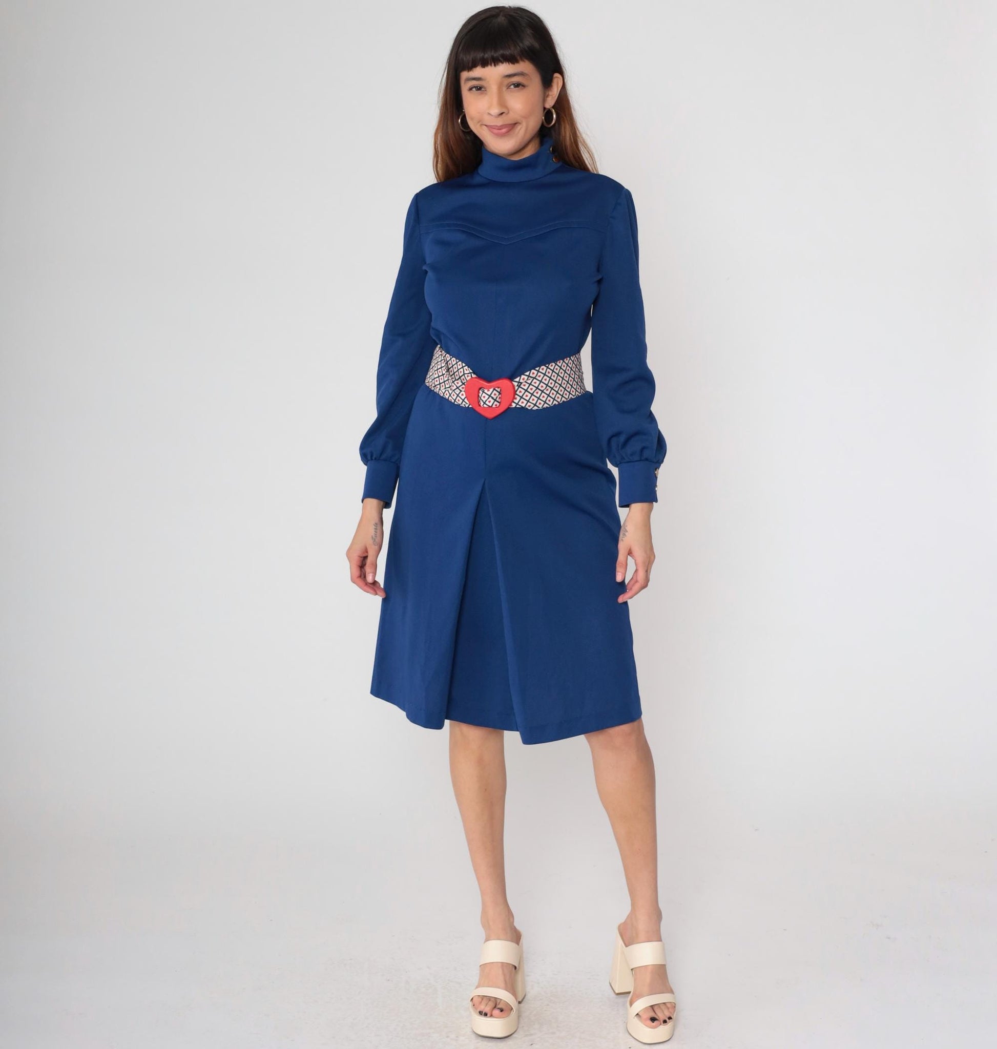 70s Navy Midi Dress Turtleneck Bishop Sleeve Western Yoke Heart Belt Medium