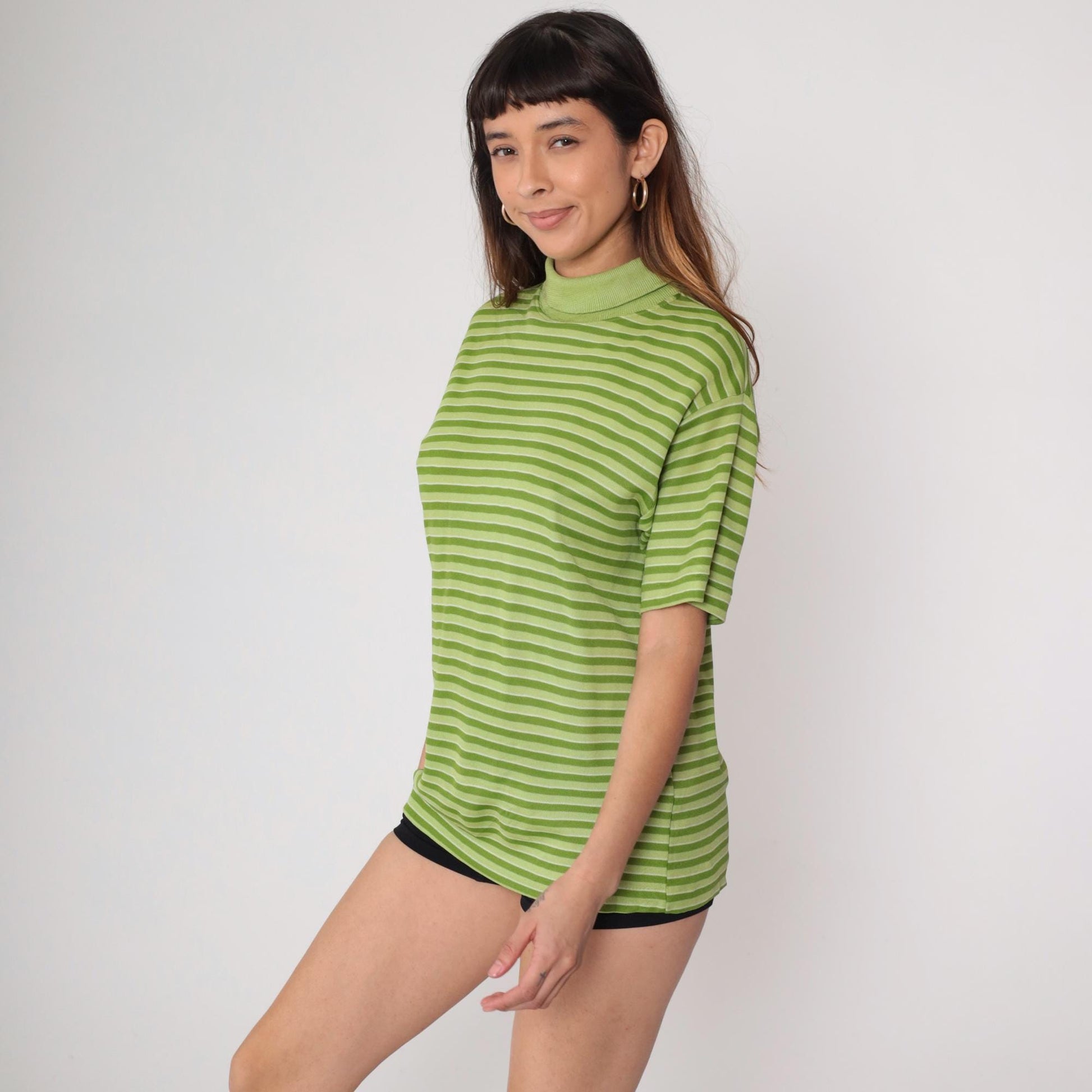 70s Striped Mock Neck Top Green Lime Short Sleeve Knit Pullover Medium Large