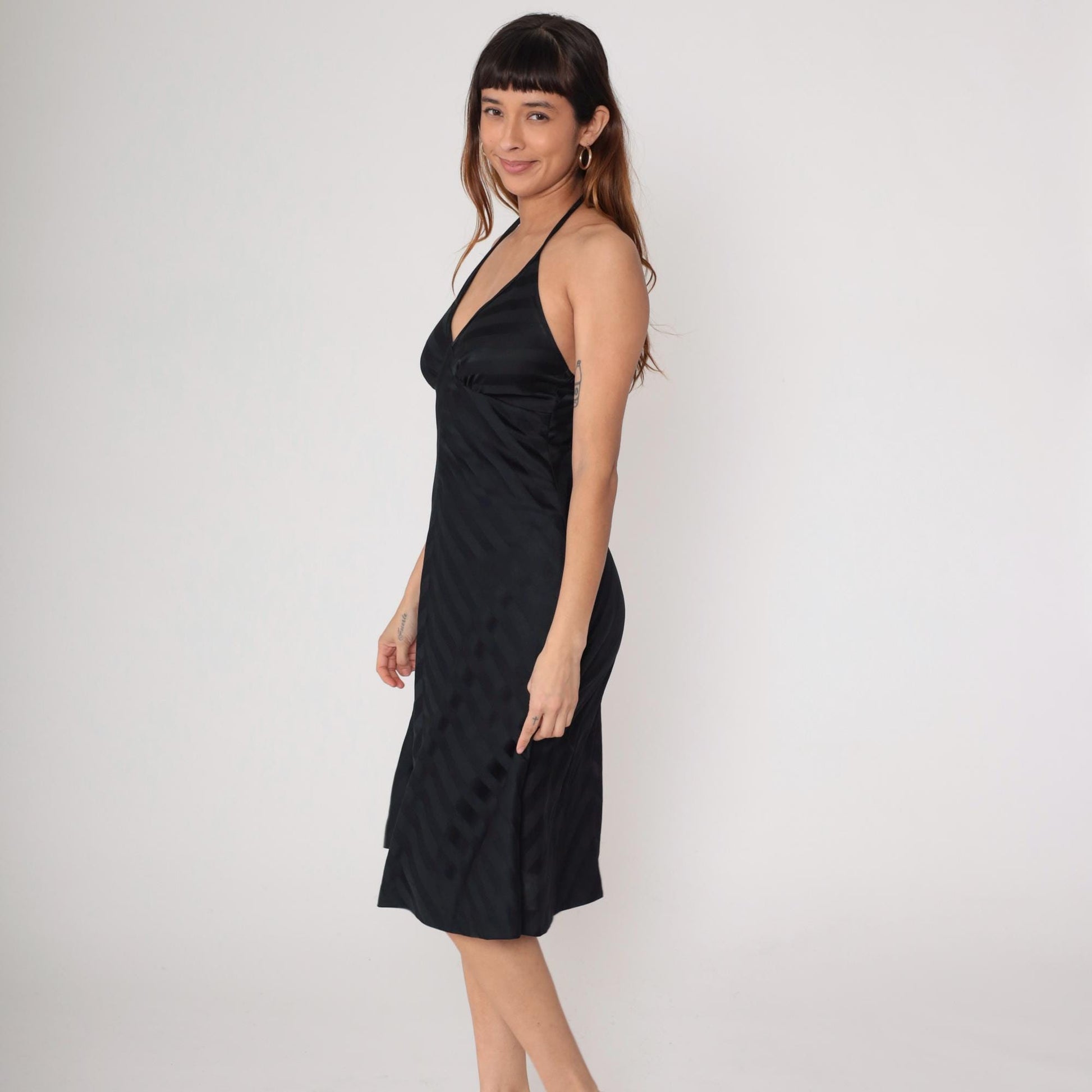 70s Black Halter Dress Striped Deep V Backless Mini Fit Flare Small