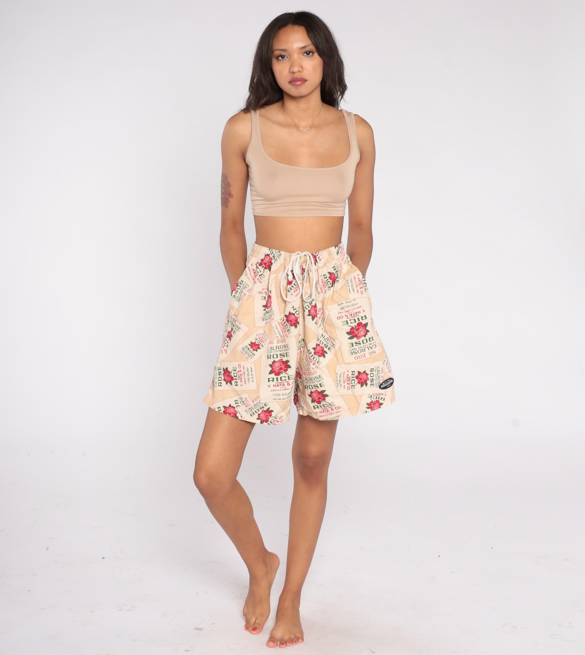 90s Calrose Rice Sack Shorts Y. Hata Honolulu Rose Print Drawstring Medium