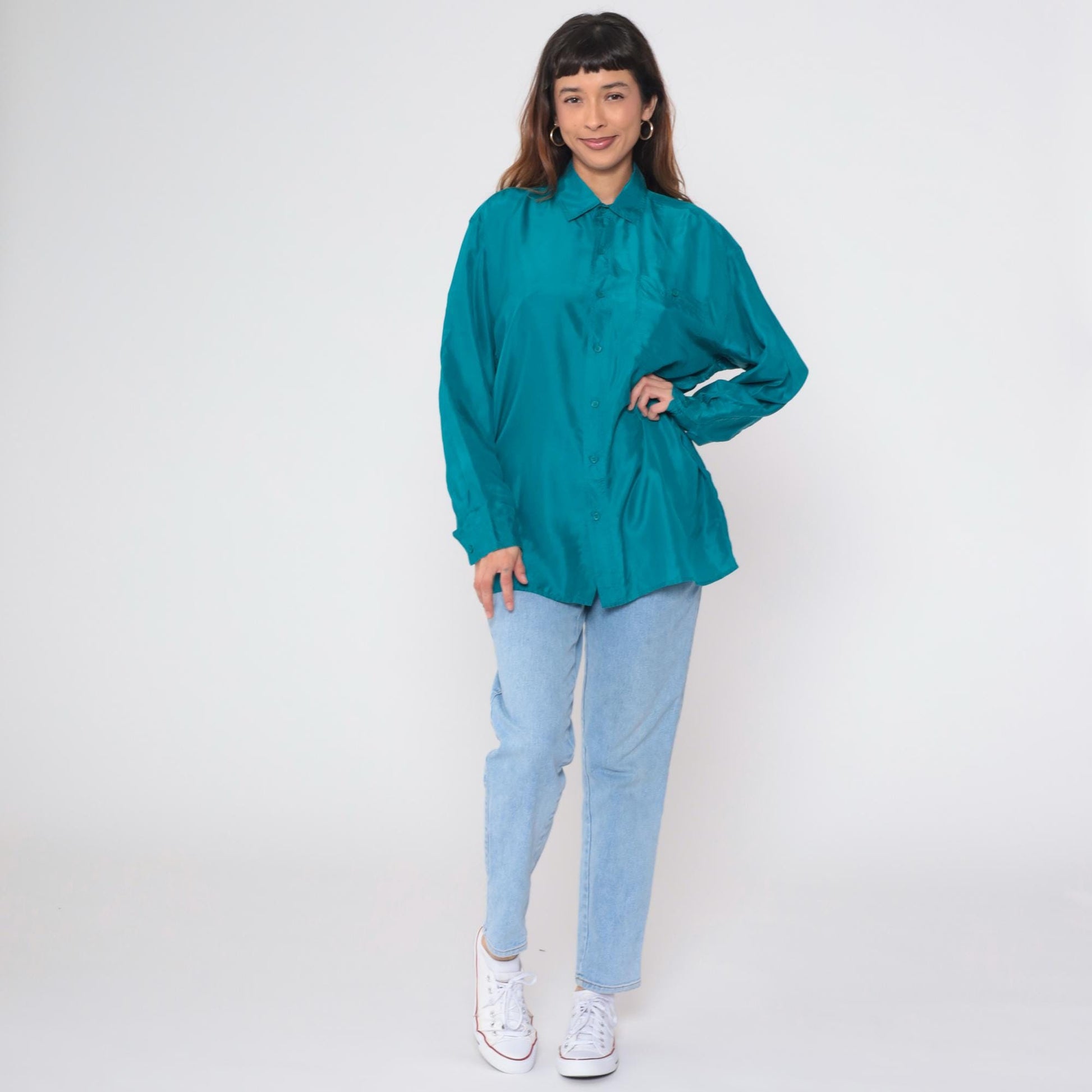 90s Olive Green Silk Button-Up Blouse Long Sleeve Chest Pocket Medium M