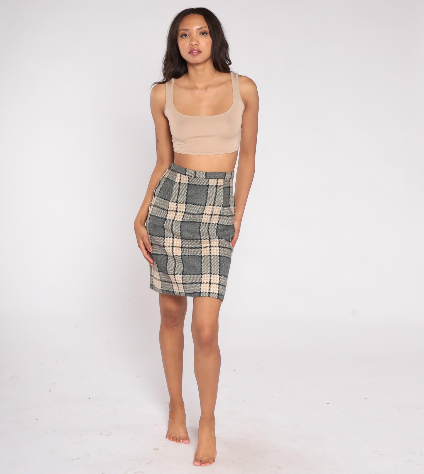 70s Plaid Wool Mini Skirt High Waist Pencil Tailored Grey Cream Black Extra Small XS
