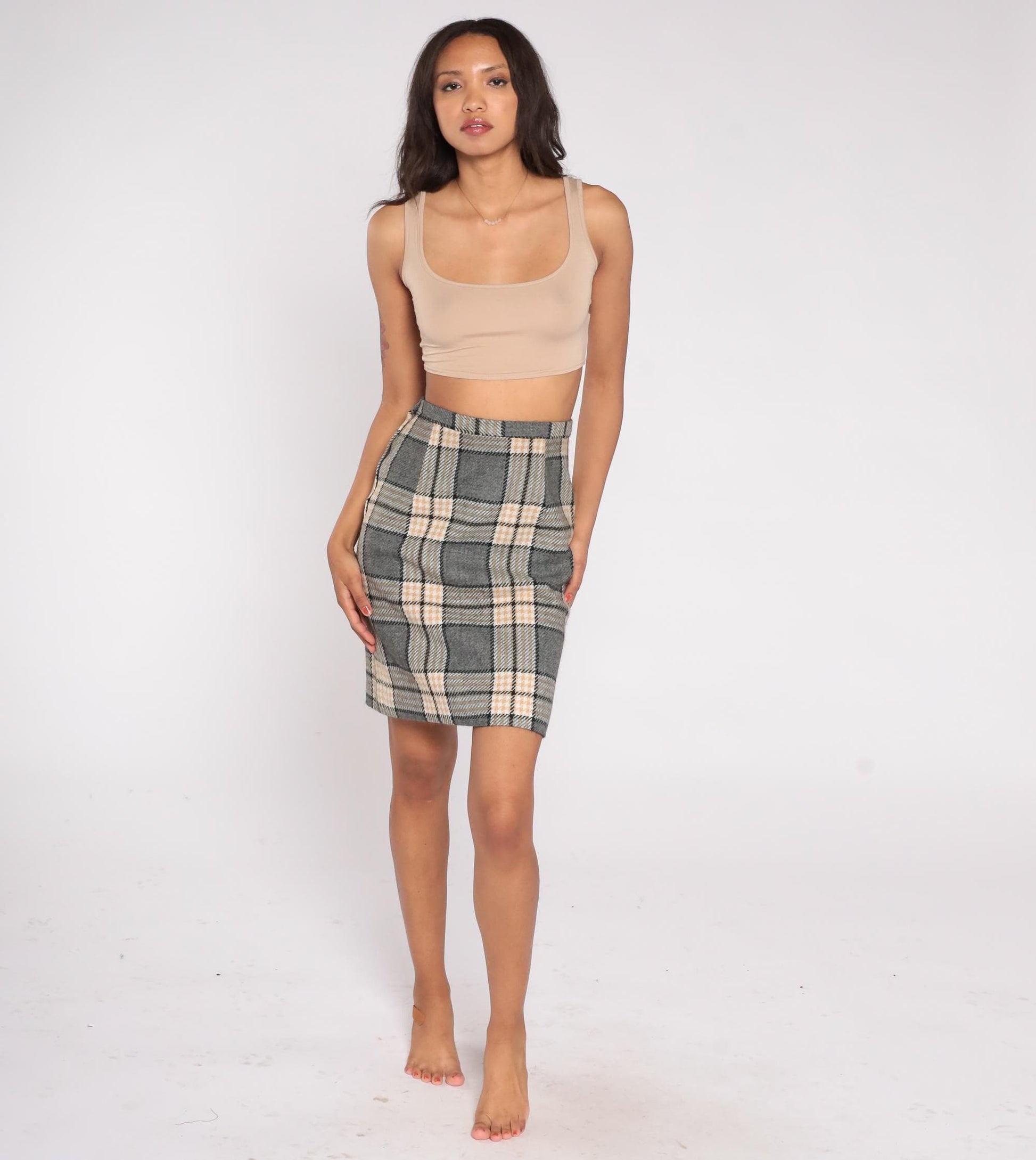 70s Plaid Wool Mini Skirt High Waist Pencil Tailored Grey Cream Black Extra Small XS