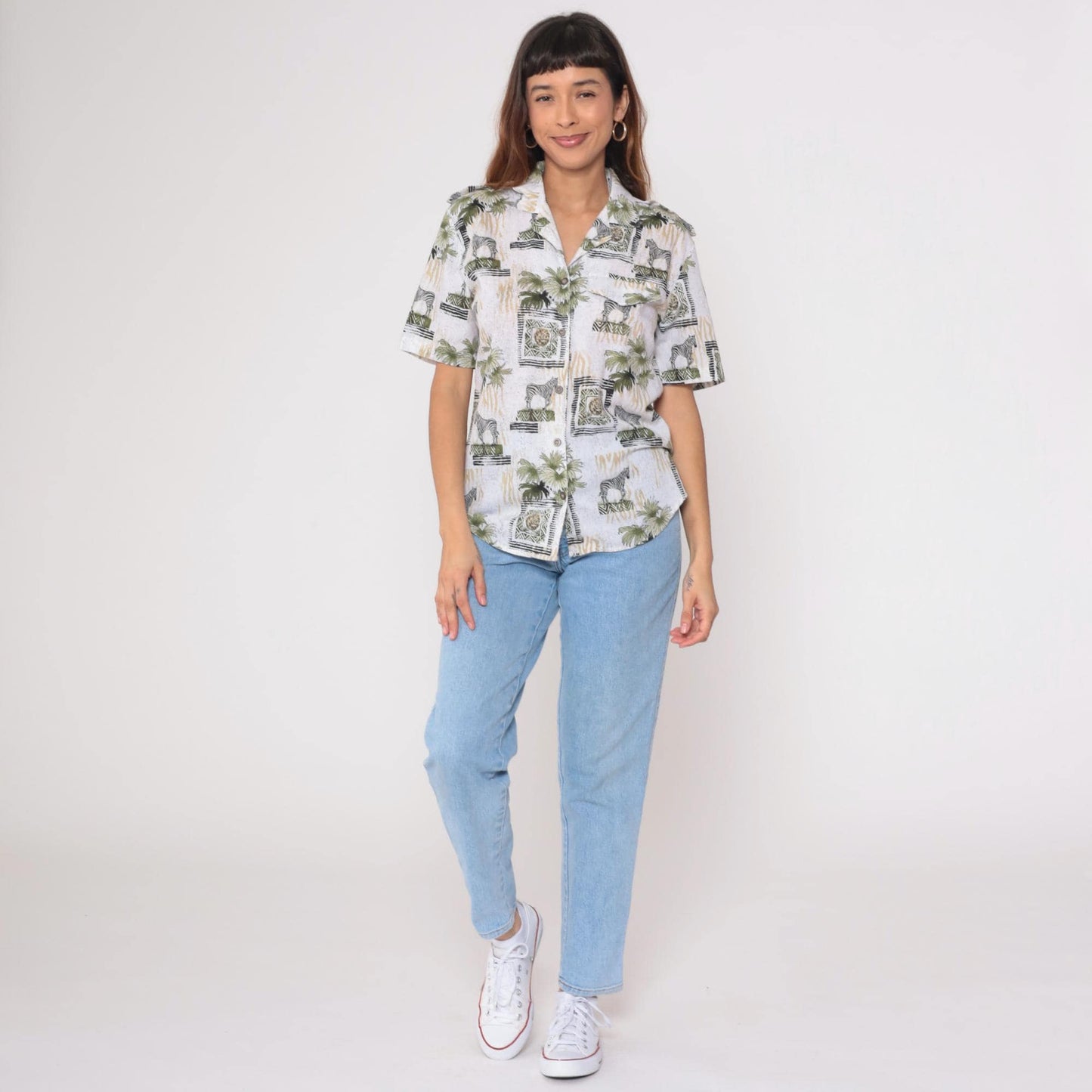 90s Safari Animal Print Button Down Shirt Zebra Lion Palm White Small