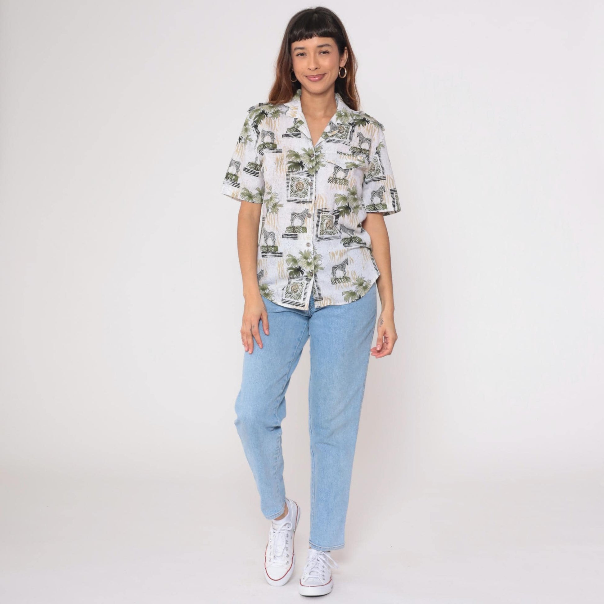 90s Safari Animal Print Button Down Shirt Zebra Lion Palm White Small