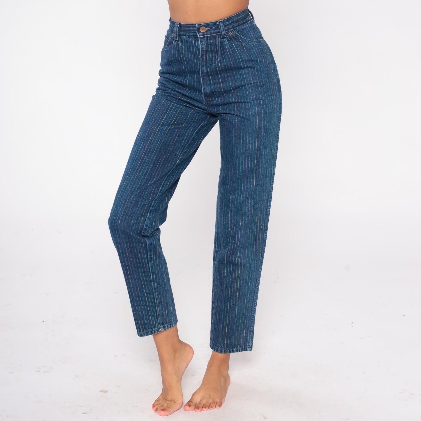 90s Rainbow Pinstripe High Waist Jeans Blue Multicolor Mom Denim Small S
