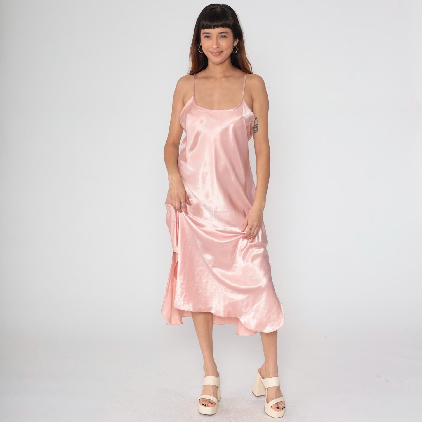 90s California Dynasty Pink Satin Slip Dress Maxi Spaghetti Strap Large L