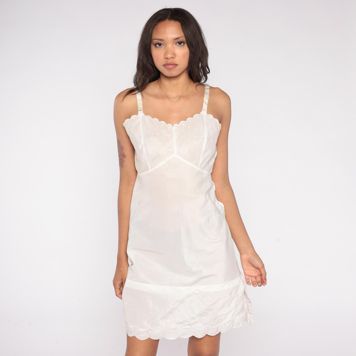 60s Barbizon White Slip Dress Dotted Swiss Scalloped Hem Small S