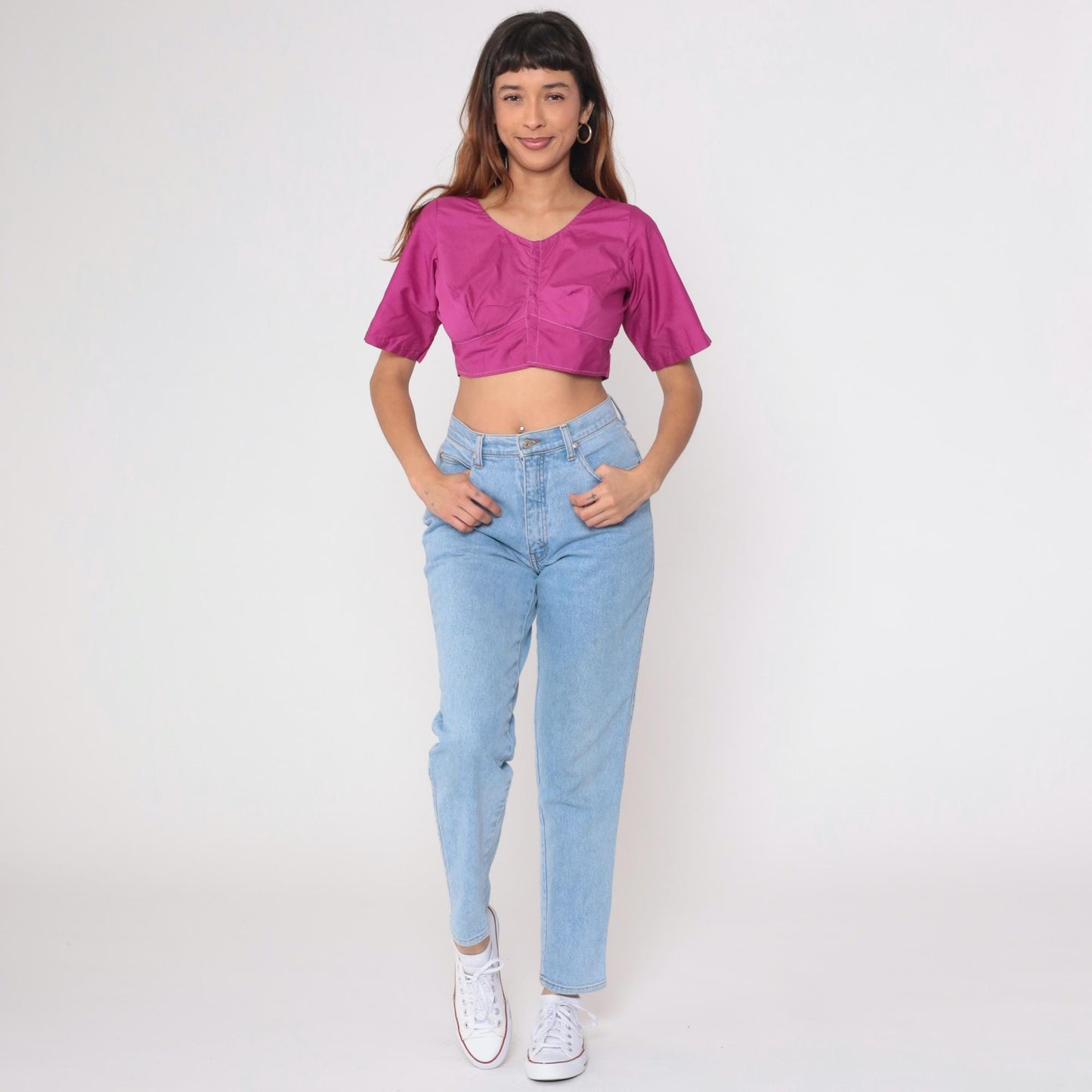 Y2K Magenta Crop Top V-Neck Choli-Inspired Blouse Small S