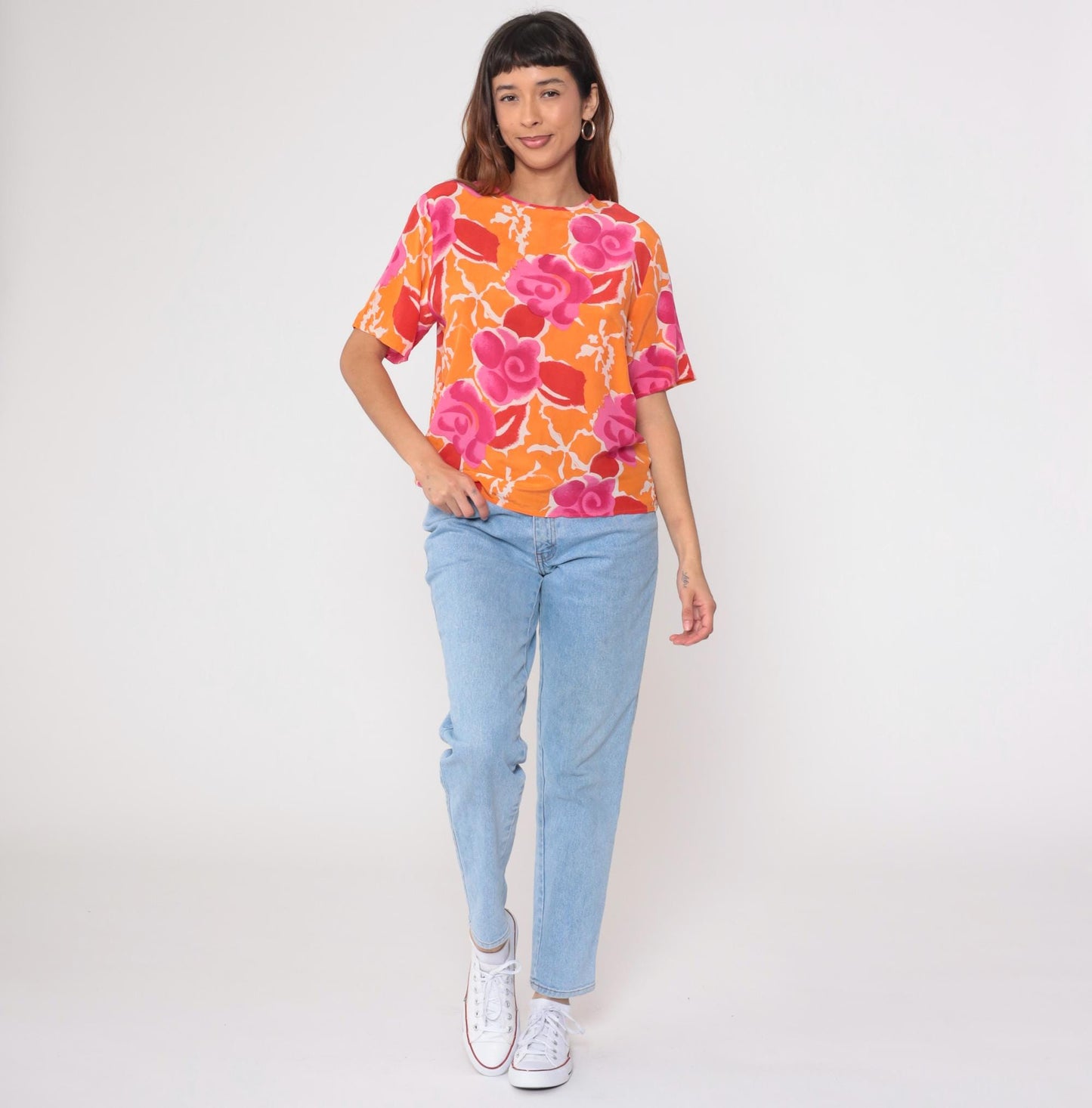 Y2K Christie and Jill Silk Blouse Floral Orange Pink Short Sleeve Medium M