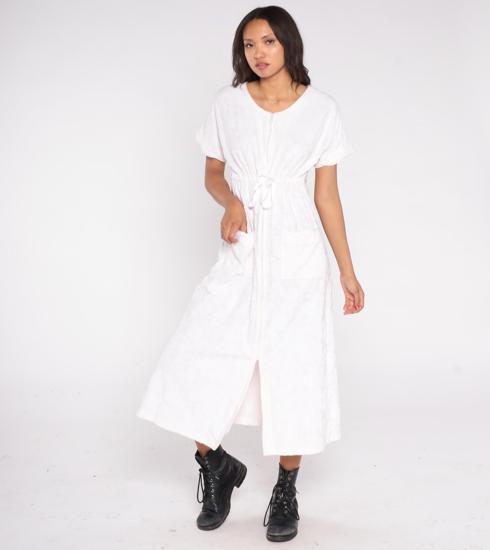 90s Eileen West Blush Pink Cotton Midi Dress Small Pockets