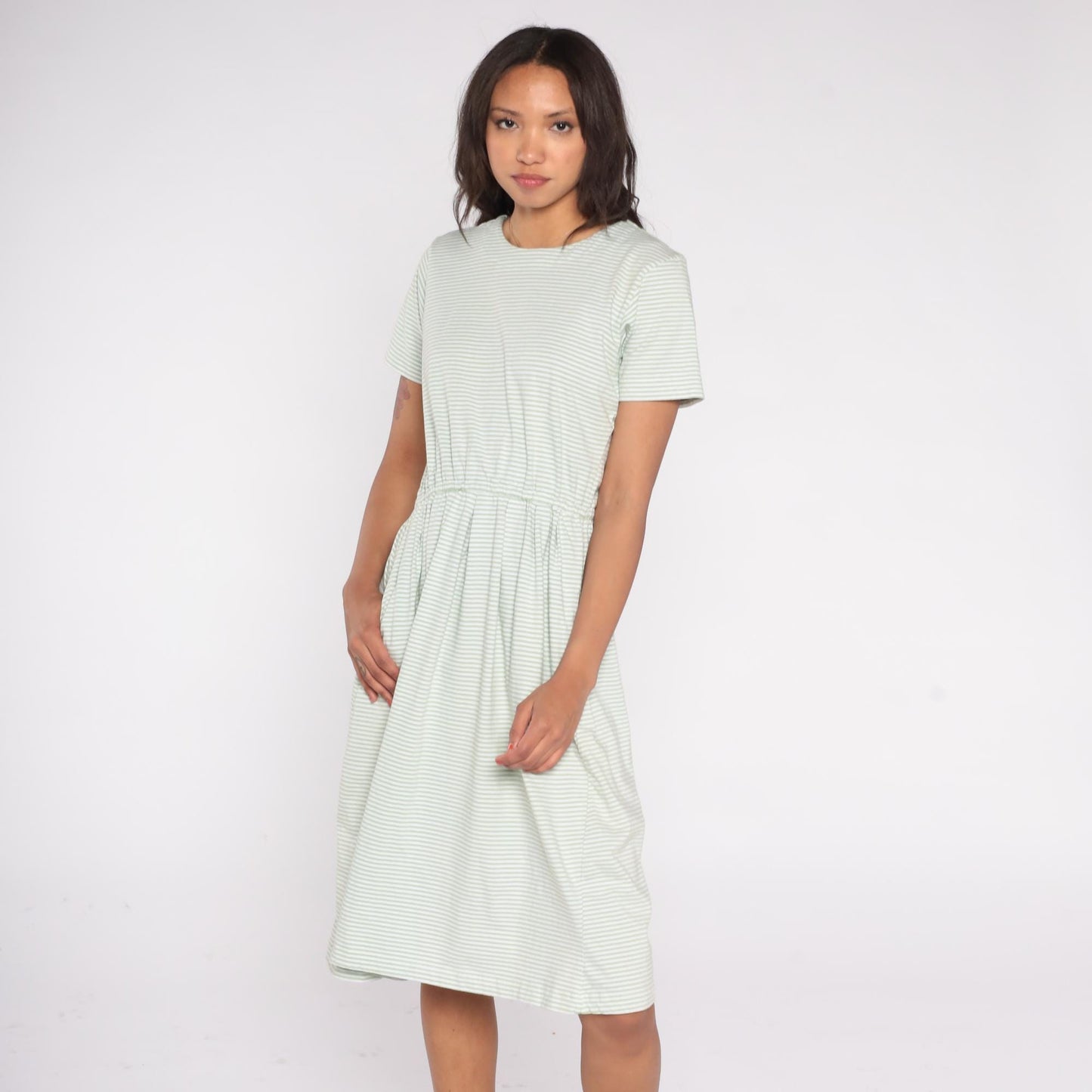 80s Herman Geist Mint Striped Cotton Dress Elastic Waist Button Back Small