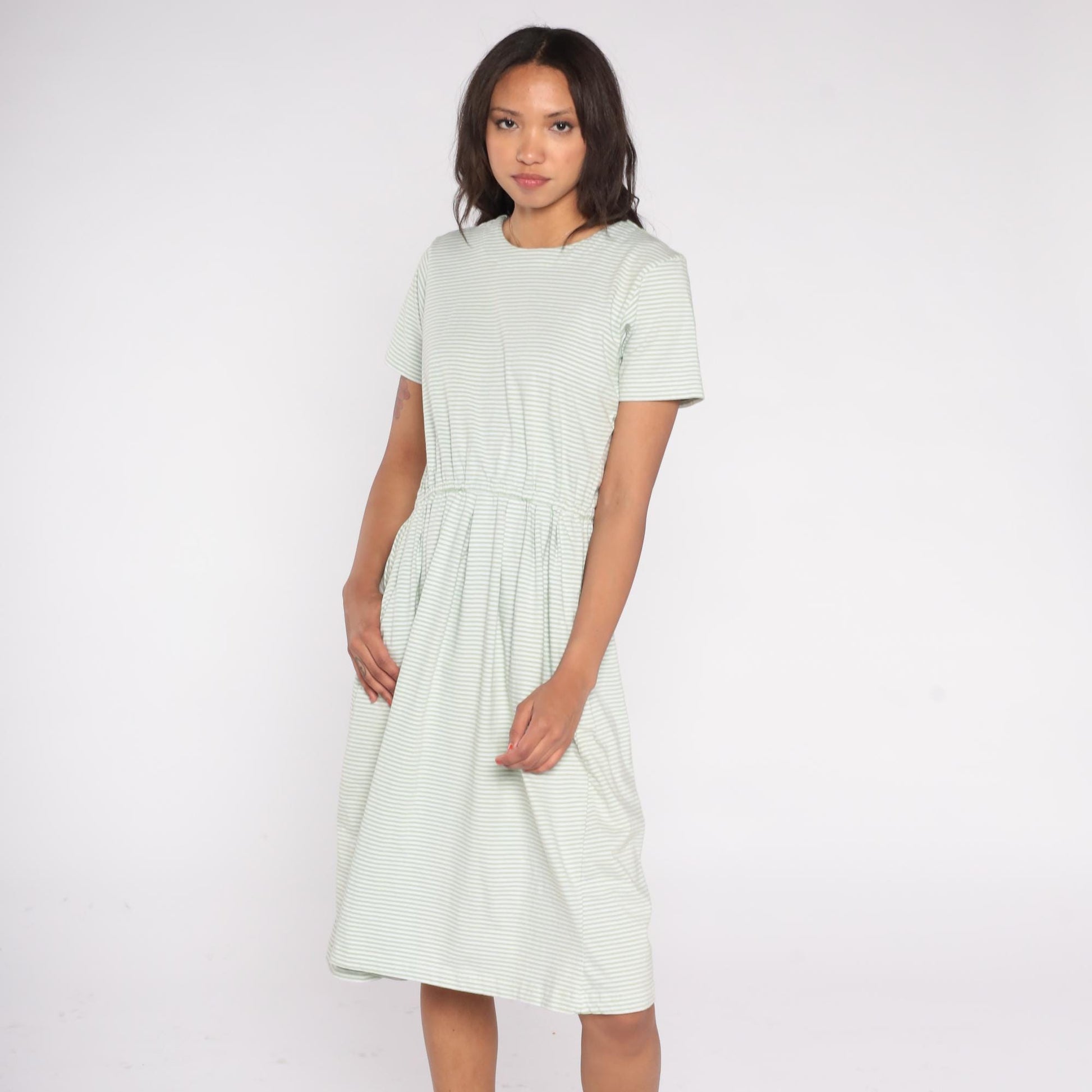 80s Herman Geist Mint Striped Cotton Dress Elastic Waist Button Back Small