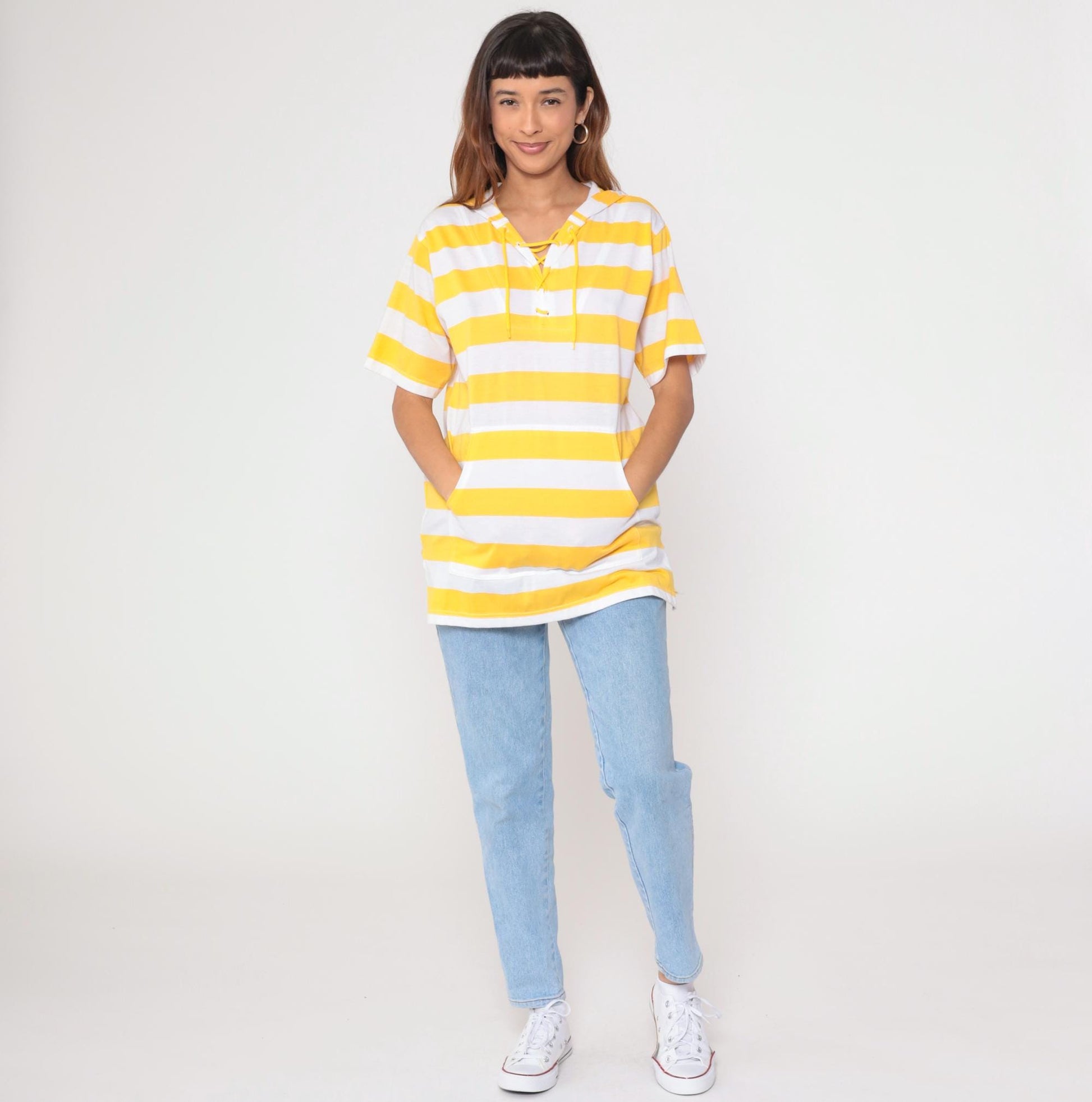 90s Yellow White Striped Short Sleeve Hooded Shirt Lace-Up V-Neck Small