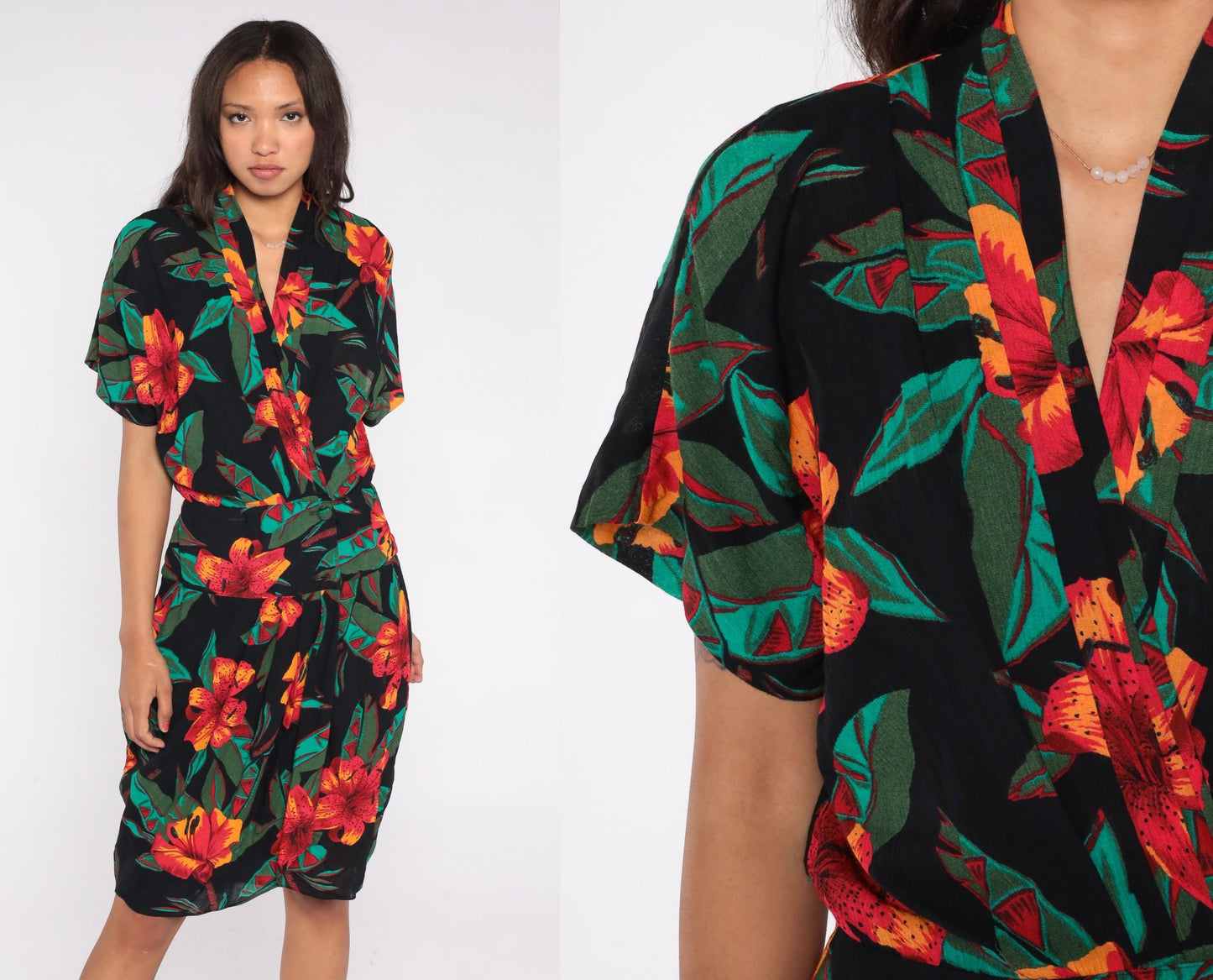 90s Casual Corner Tropical Floral Midi Wrap Dress Black Red Orange Green Medium